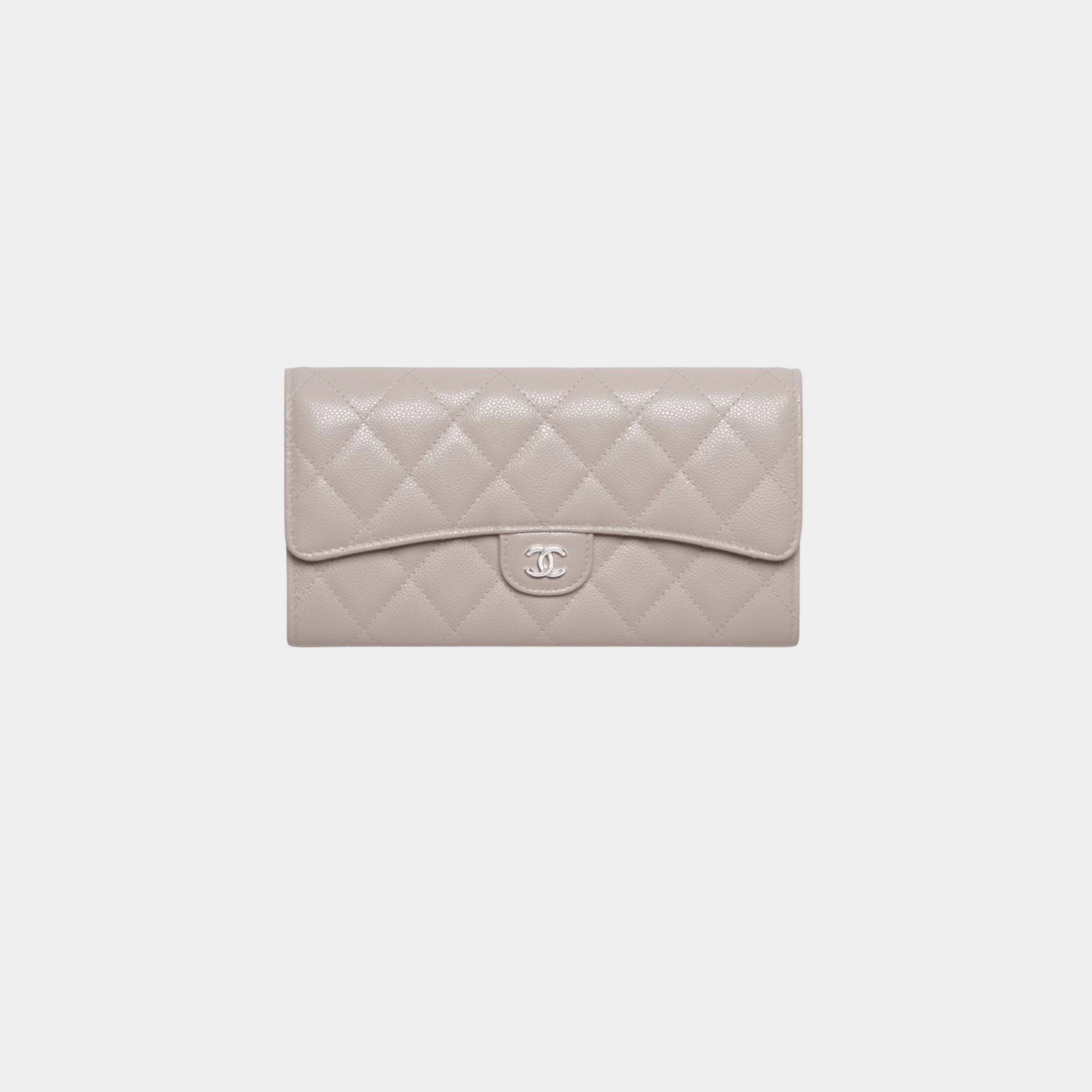 Chanel Classic Long Flap Wallet Grained Shiny Calfskin & Metal, ark Grey , Front