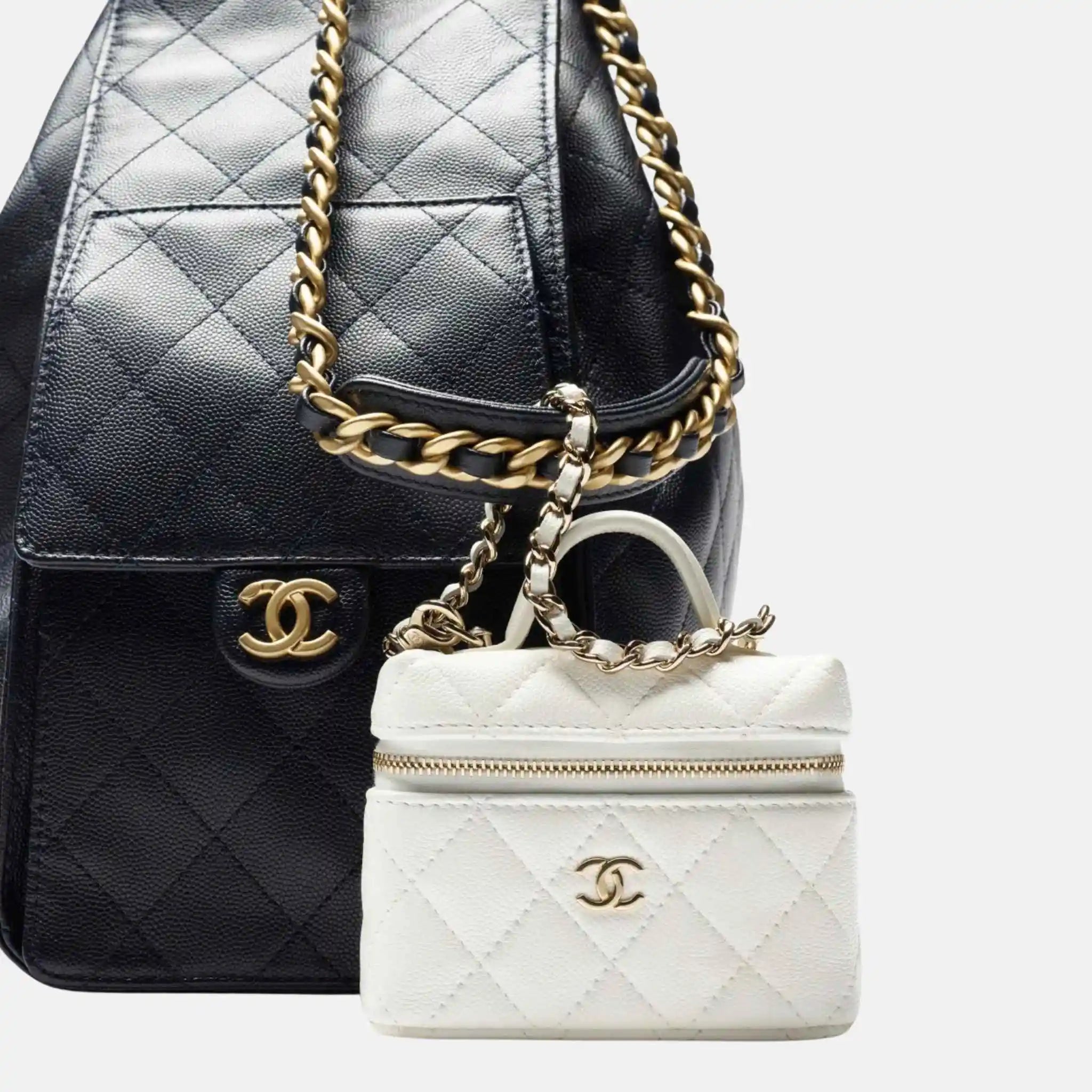 Chanel Classic Mini Bag Charm Grained Shiny Calfskin Gold Tone Metal, White, Close