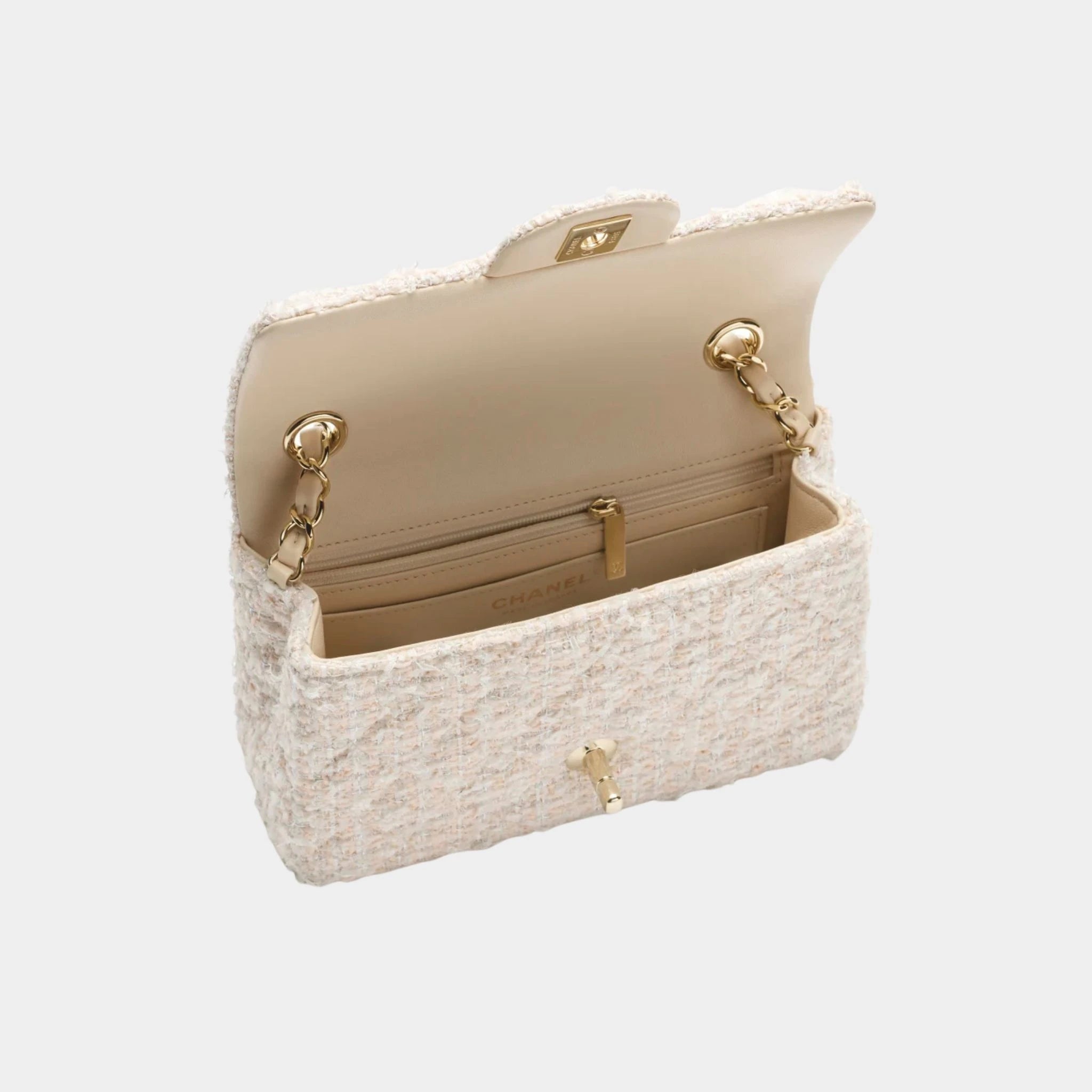 Classic Mini Bag Tweed & Gold metal Beige & White, Interior