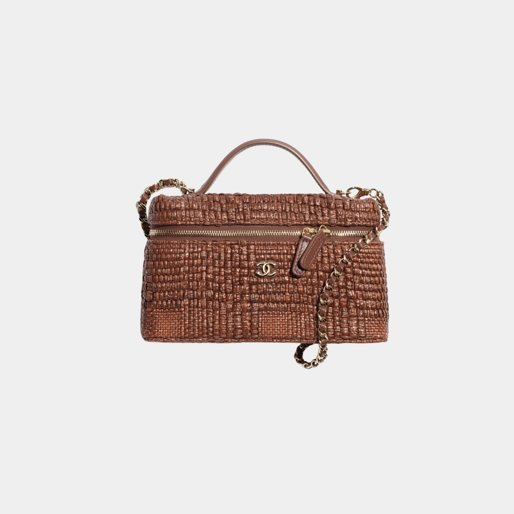 Chanel Classic Vanity With Chain Braided Raffia & Gold Tone Metal, Brown , Front