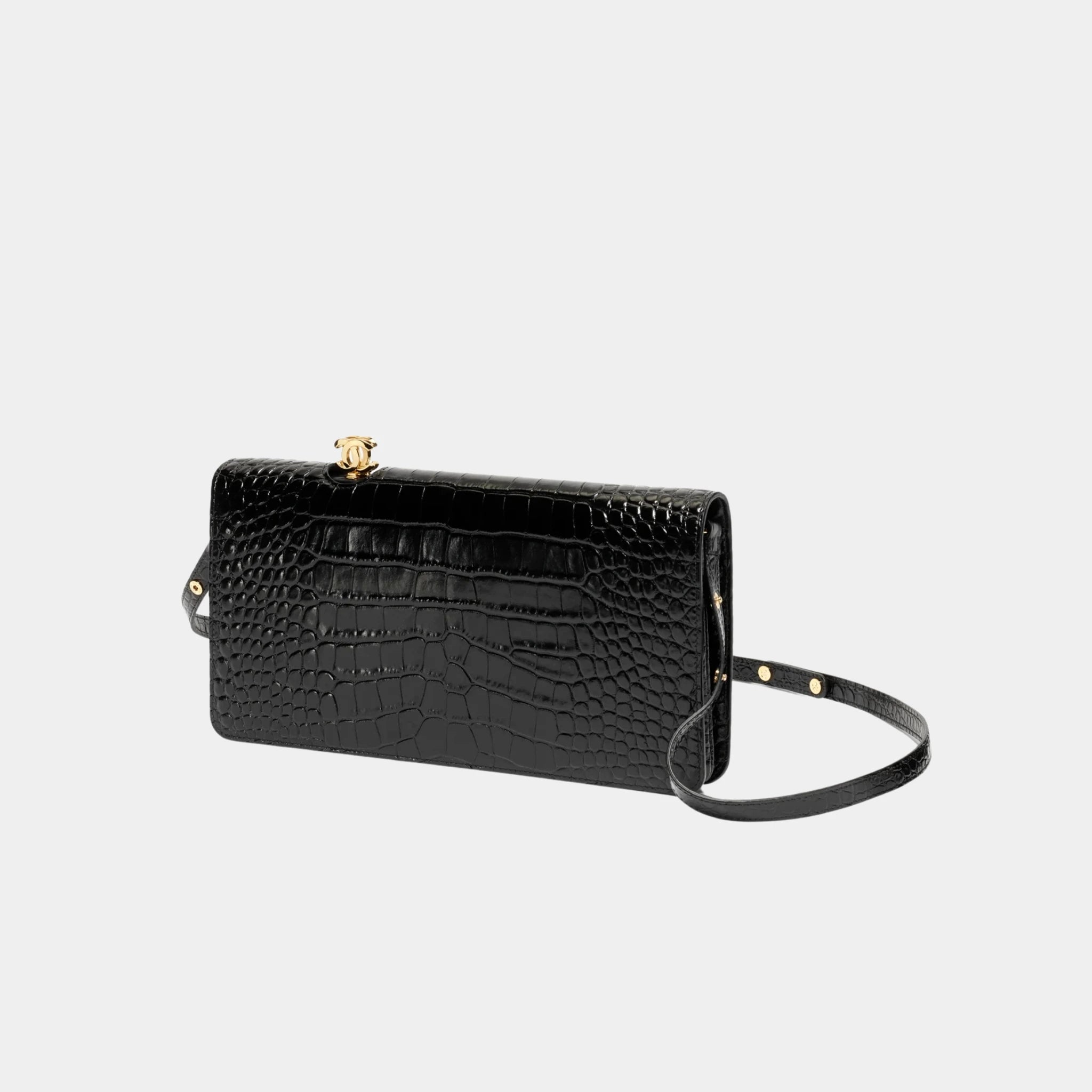Chanel Clutch in Crocodile Embossed Calfskin & Gold-Tone Metal, Black, Side