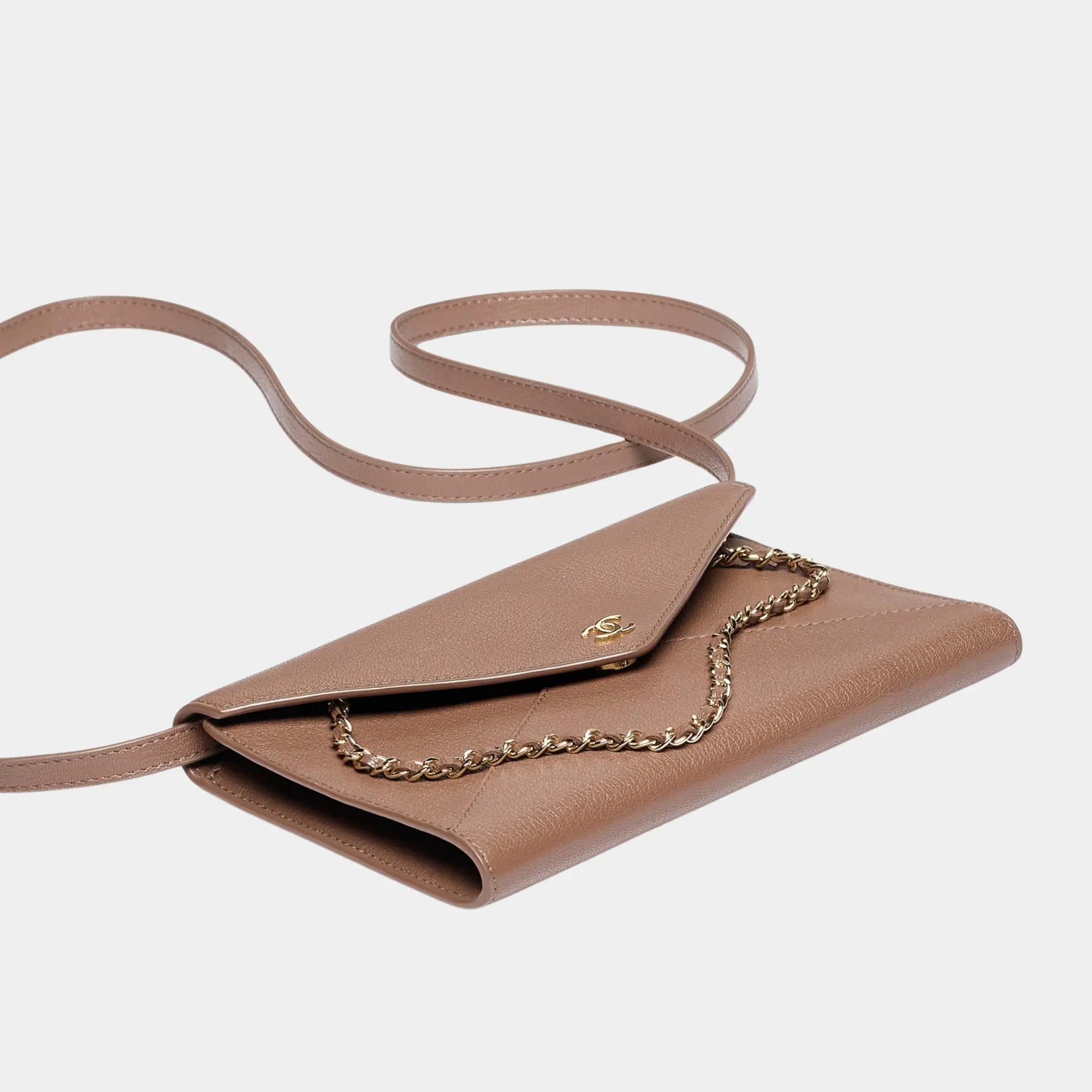 Chanel Clutch with Leather Strap in Grained Goatskin & Gold Metal, Light Brown, Side