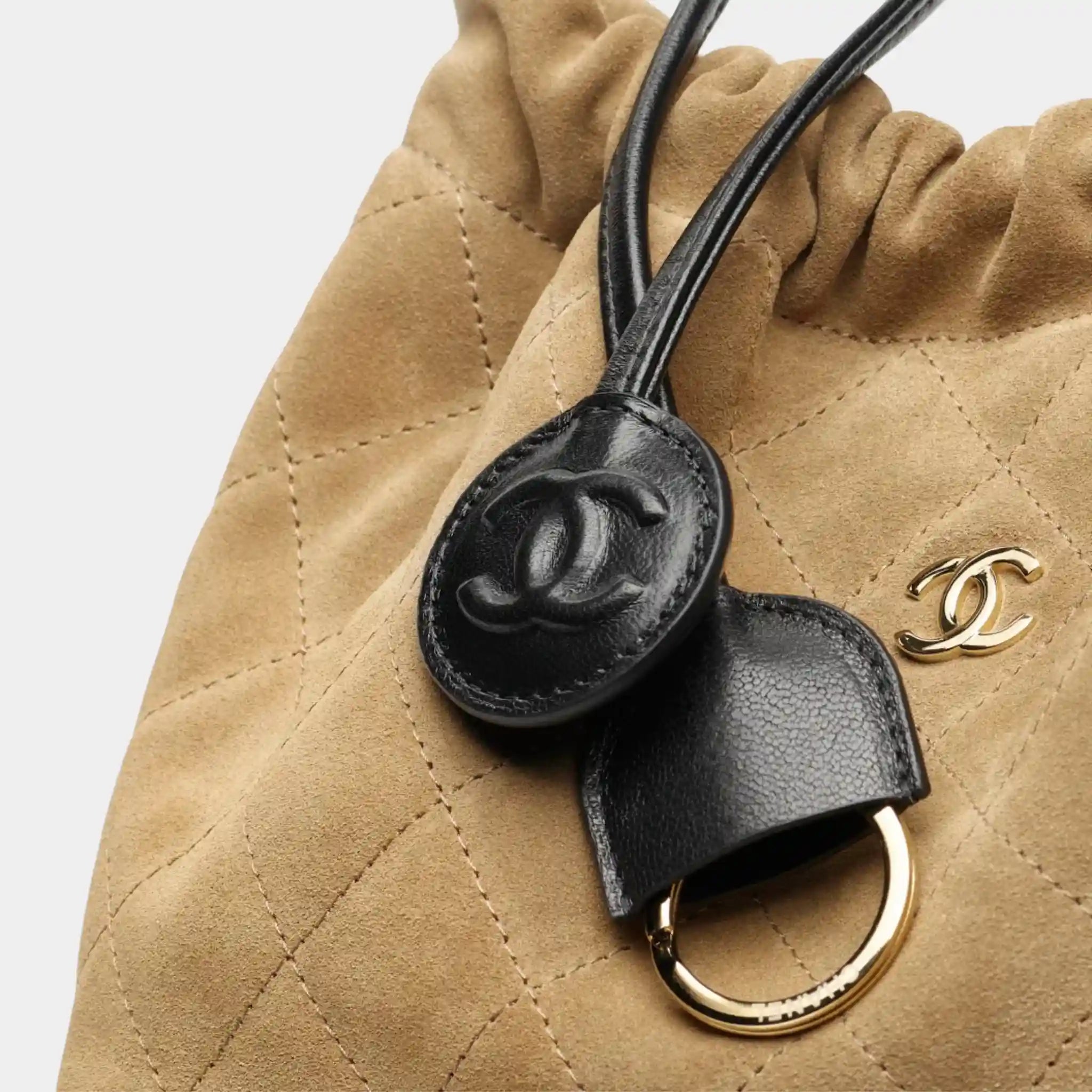 Chanel Clutch with Leather Strap Suede Lambskin & Gold-Tone Metal, Beige, Black, Close