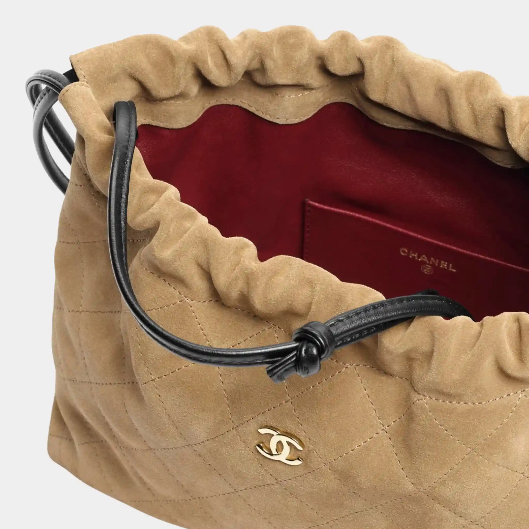Chanel Clutch with Leather Strap Suede Lambskin & Gold-Tone Metal, Beige, Black, Top