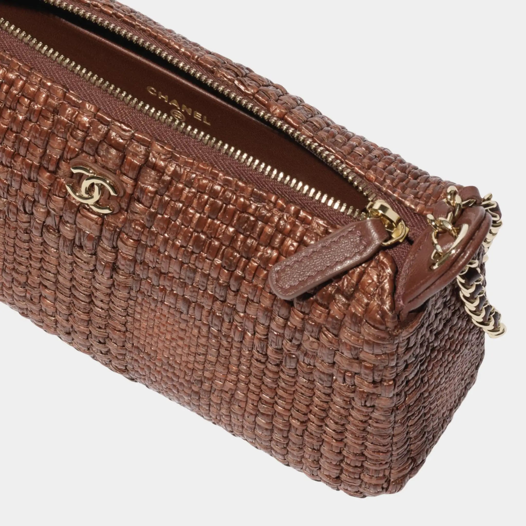 Clutch With Chain Braided Raffia & Gold Tone Metal