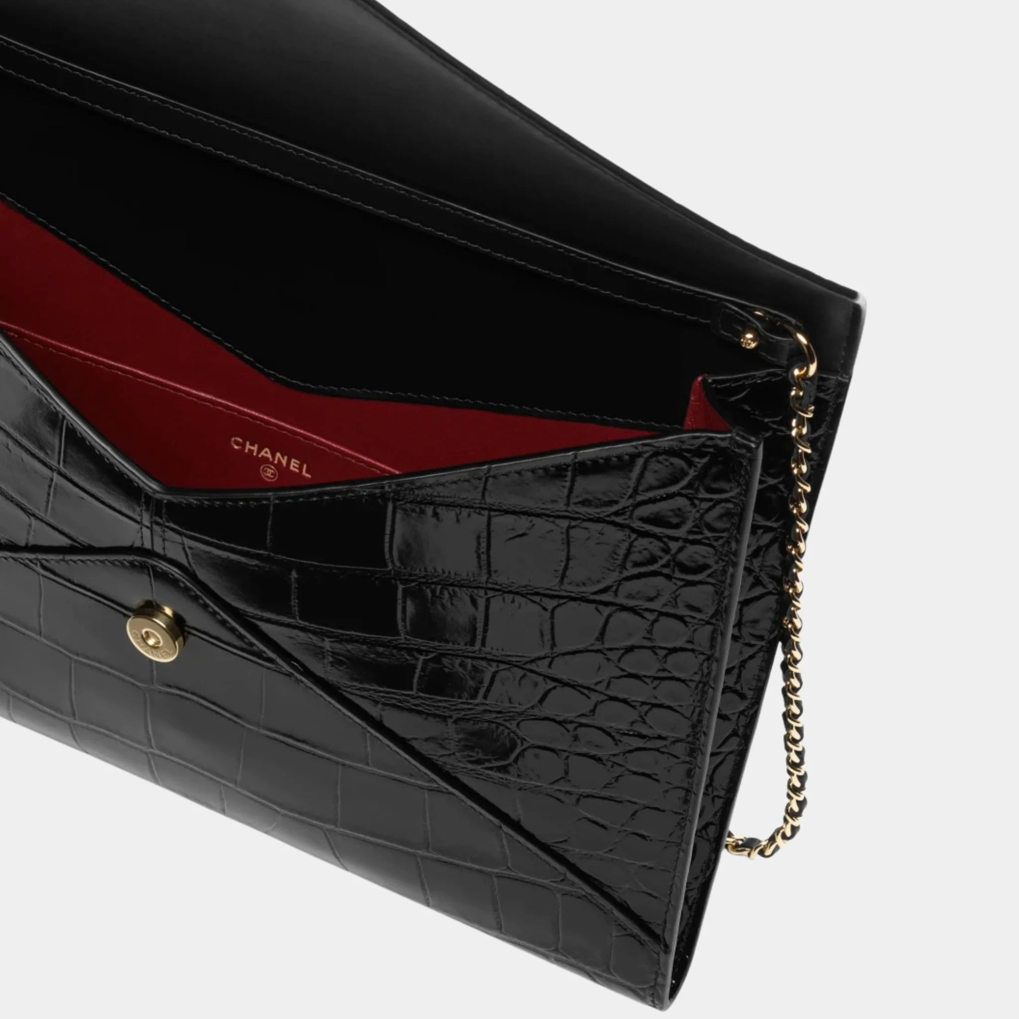 Chanel Clutch with Chain Crocodile Embossed Calfskin & Gold-Tone Metal, Black, Inside