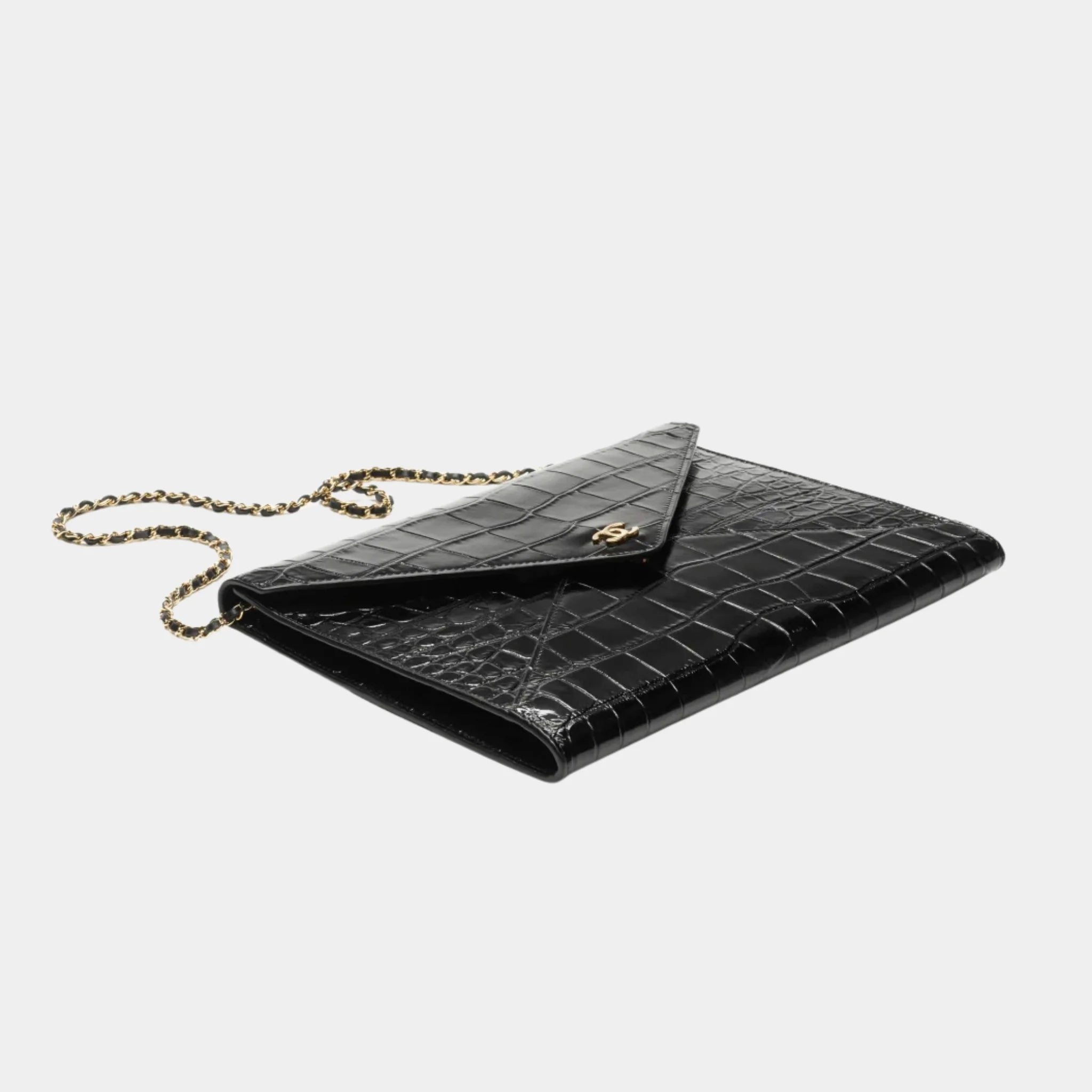 Chanel Clutch with Chain Crocodile Embossed Calfskin & Gold-Tone Metal, Black, Top