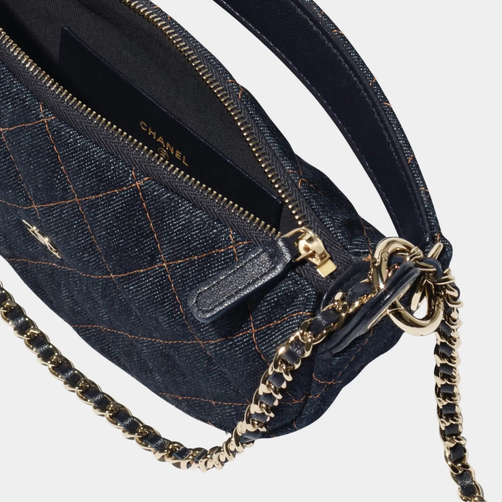 Clutch With Chain Denim & Gold Metal, Top