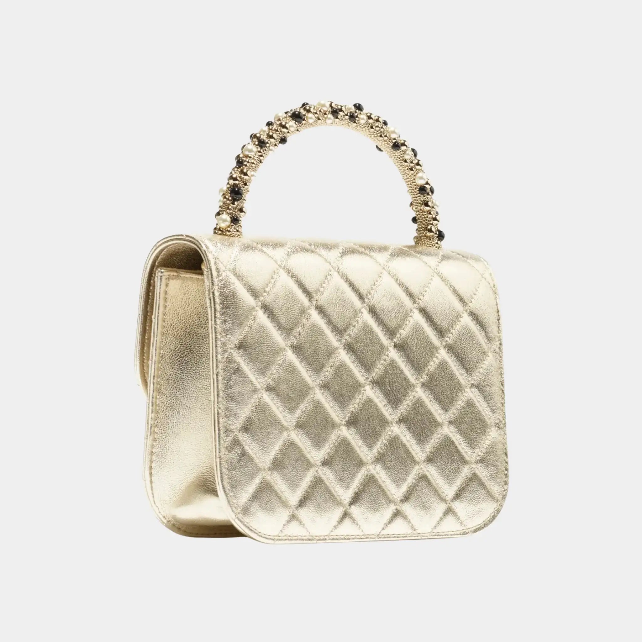 Chanel Clutch With Chain Metallic Lambskin & Imitation Pearls, Light Gold, Back