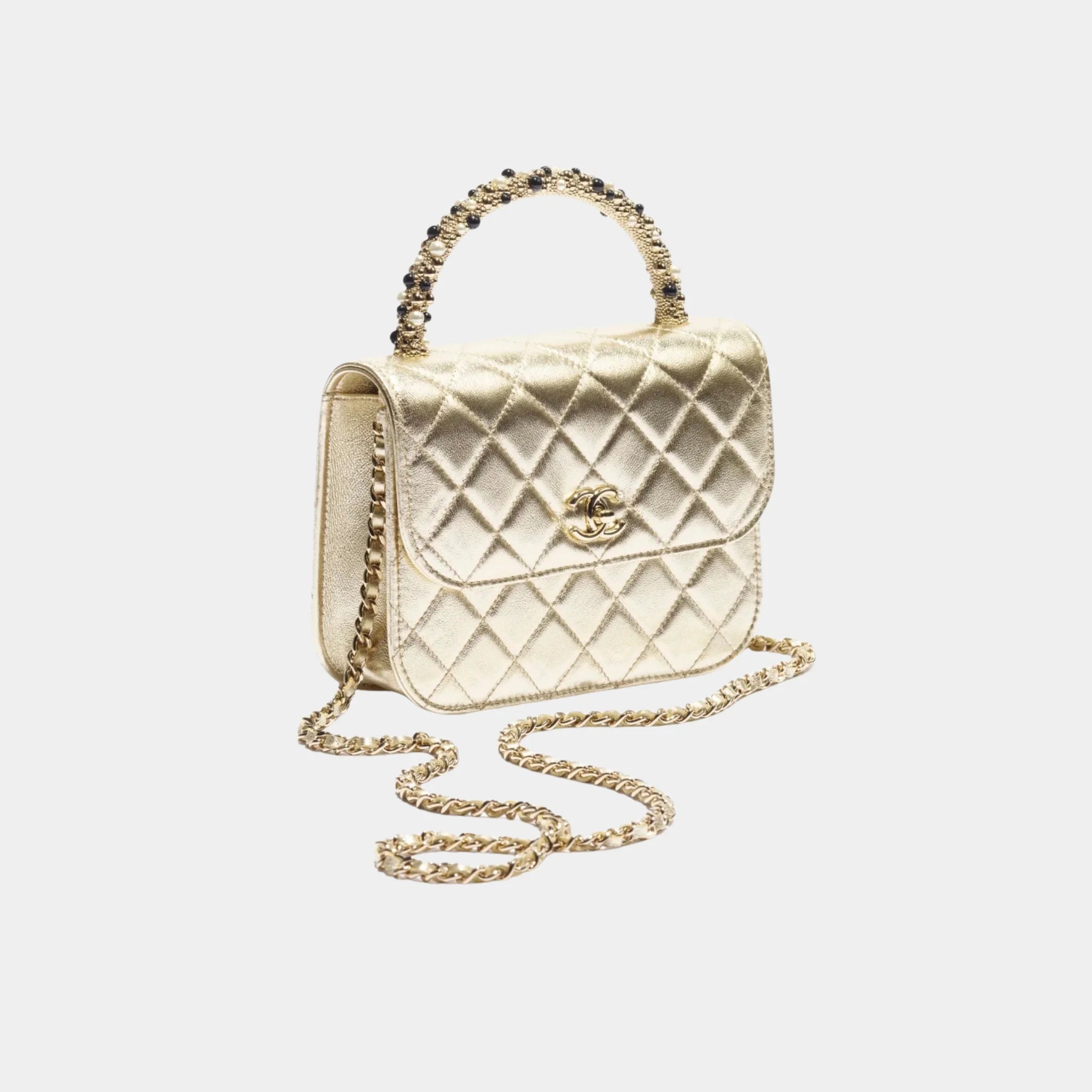 Chanel Clutch With Chain Metallic Lambskin & Imitation Pearls, Light Gold, Front