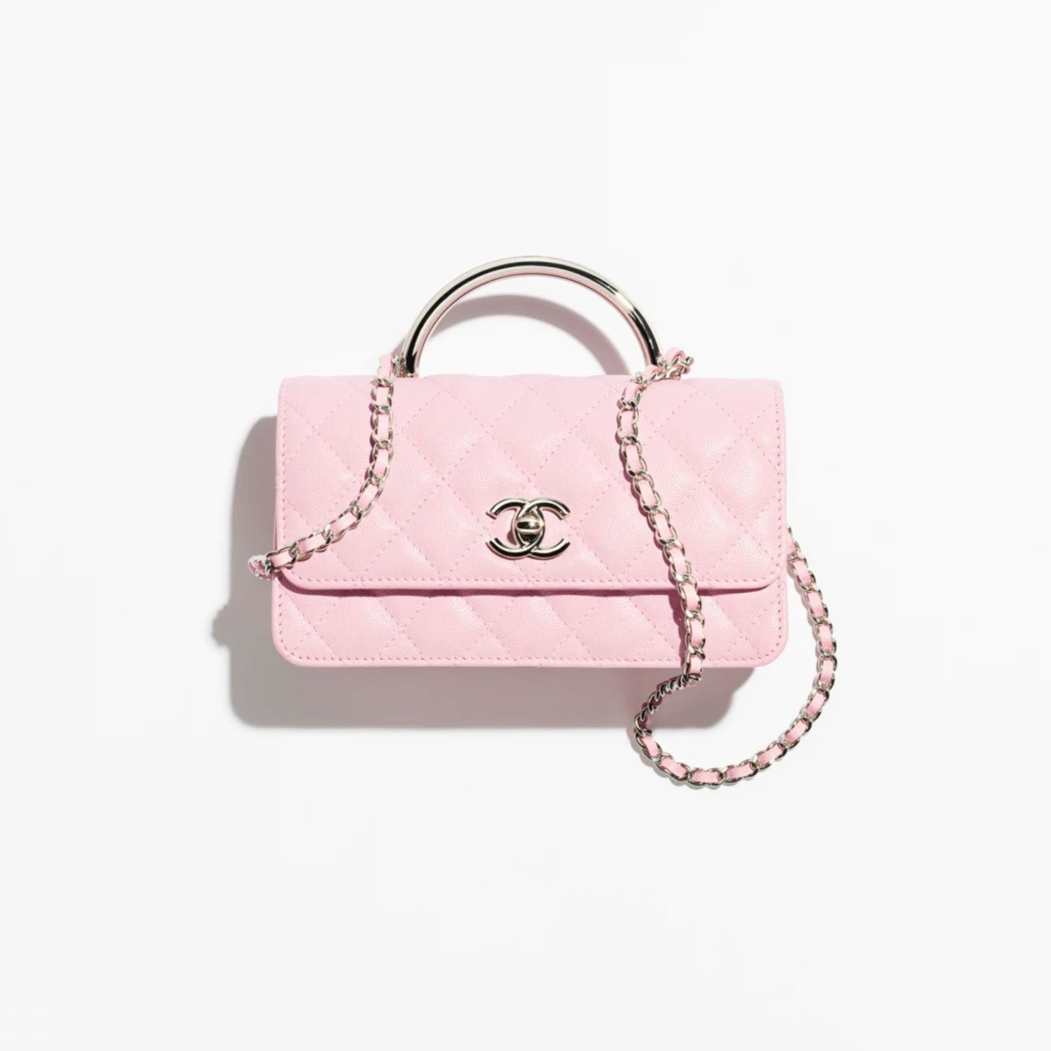 Chanel Clutch with Chain Shiny grained Calsfkin Resin & Silver-Tone Metal, Light Pink, Front