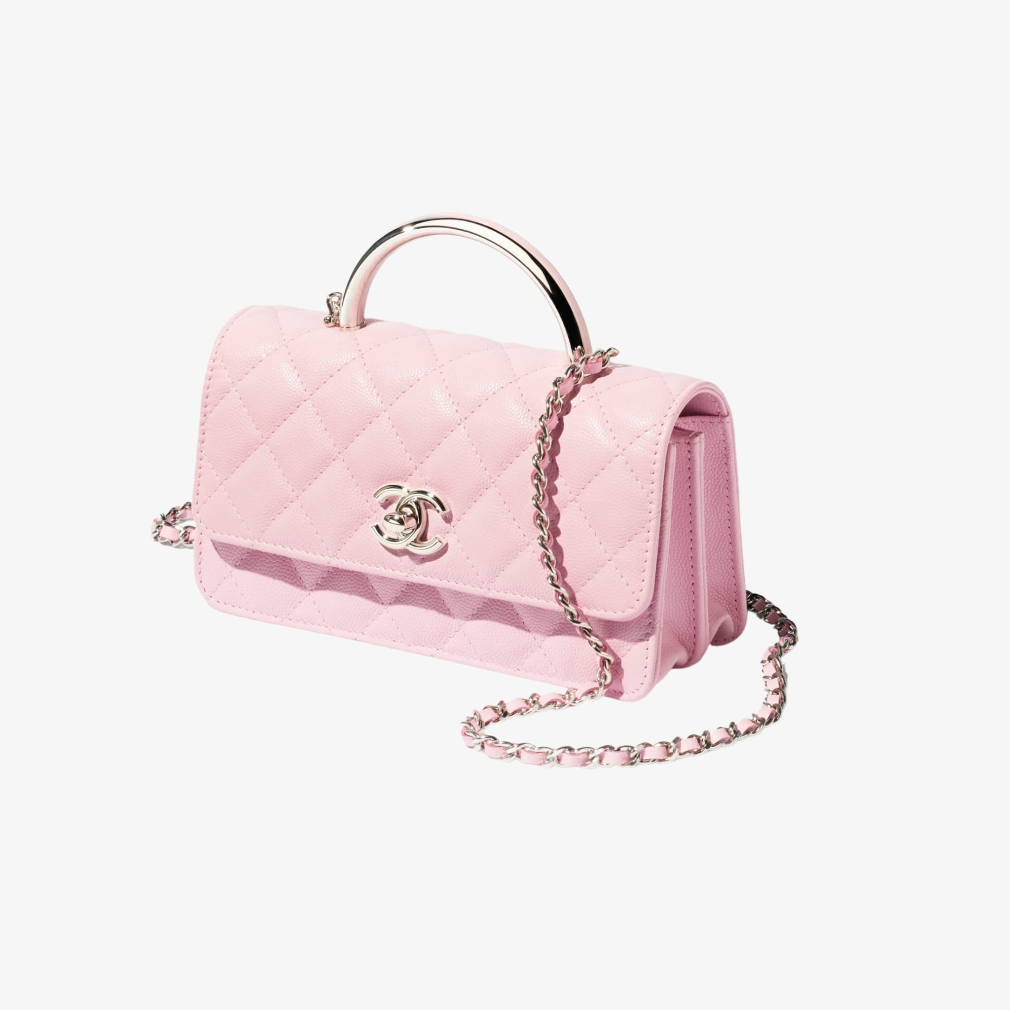 Chanel Clutch with Chain Shiny grained Calsfkin Resin & Silver-Tone Metal, Light Pink, Side