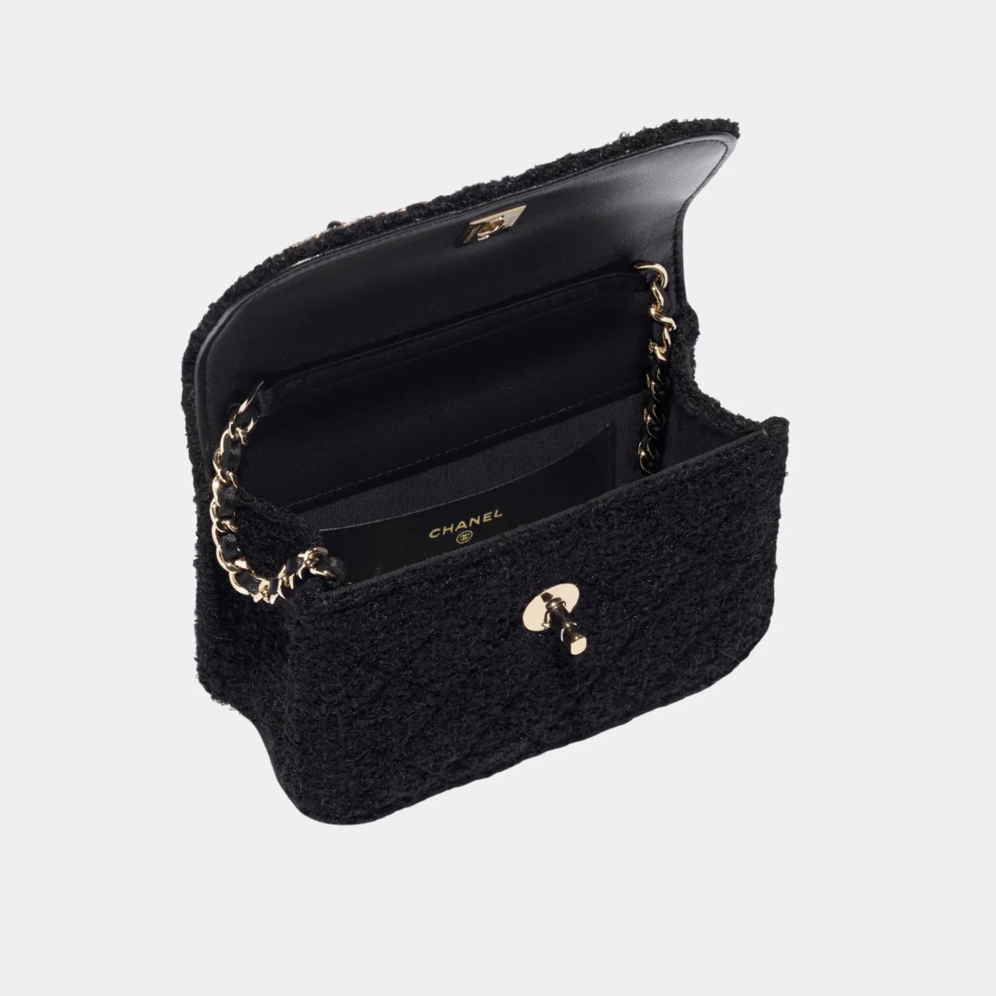 Clutch with Chain Tweed, Pearls & Gold-Tone Metal