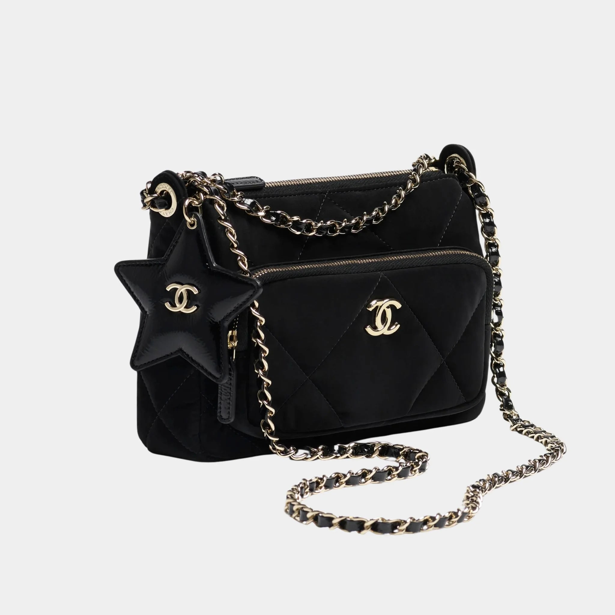 Chanel Clutch with chain Velvet-effect nylon Shiny crinkled calfskin, Side