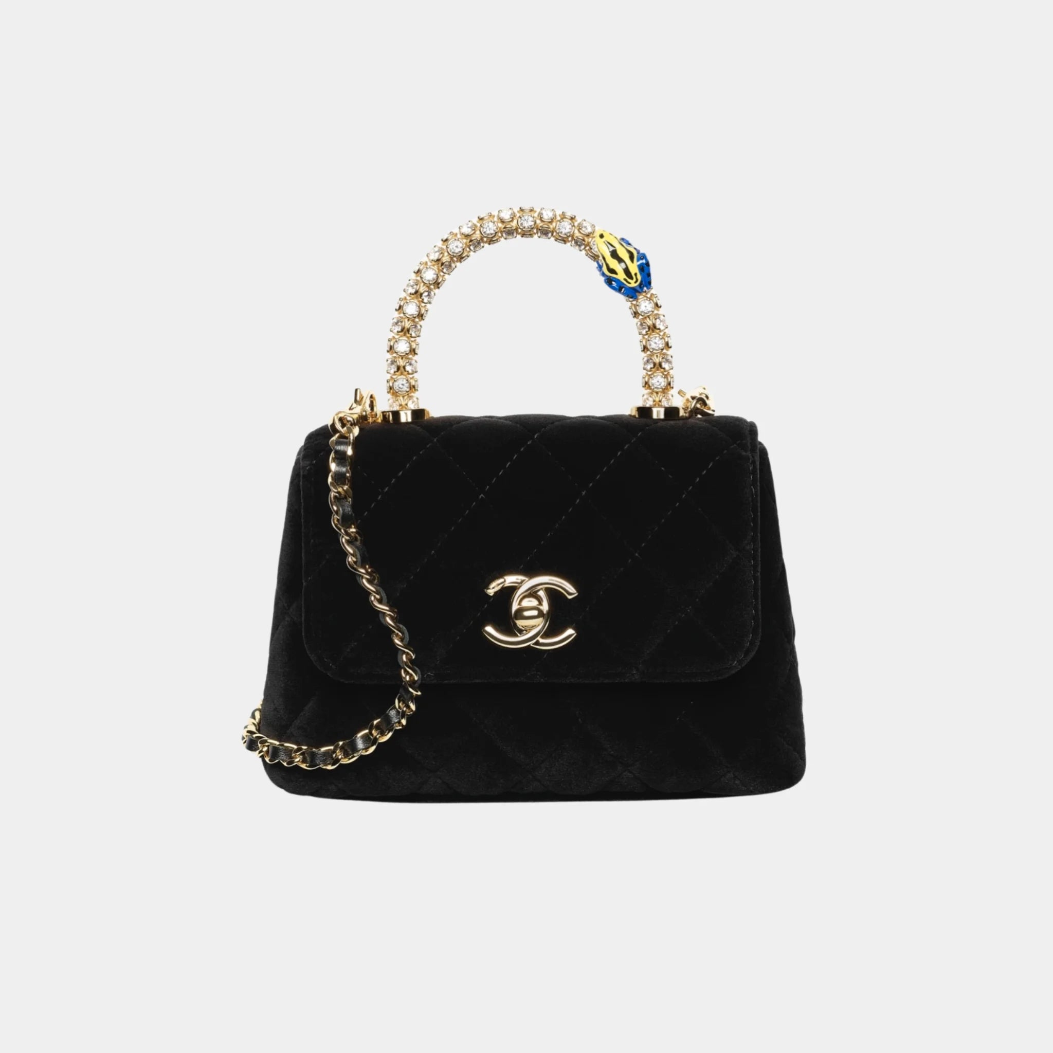Chanel Clutch with chain in Velvet Strass Enamel & Gold-Tone Metal, Front