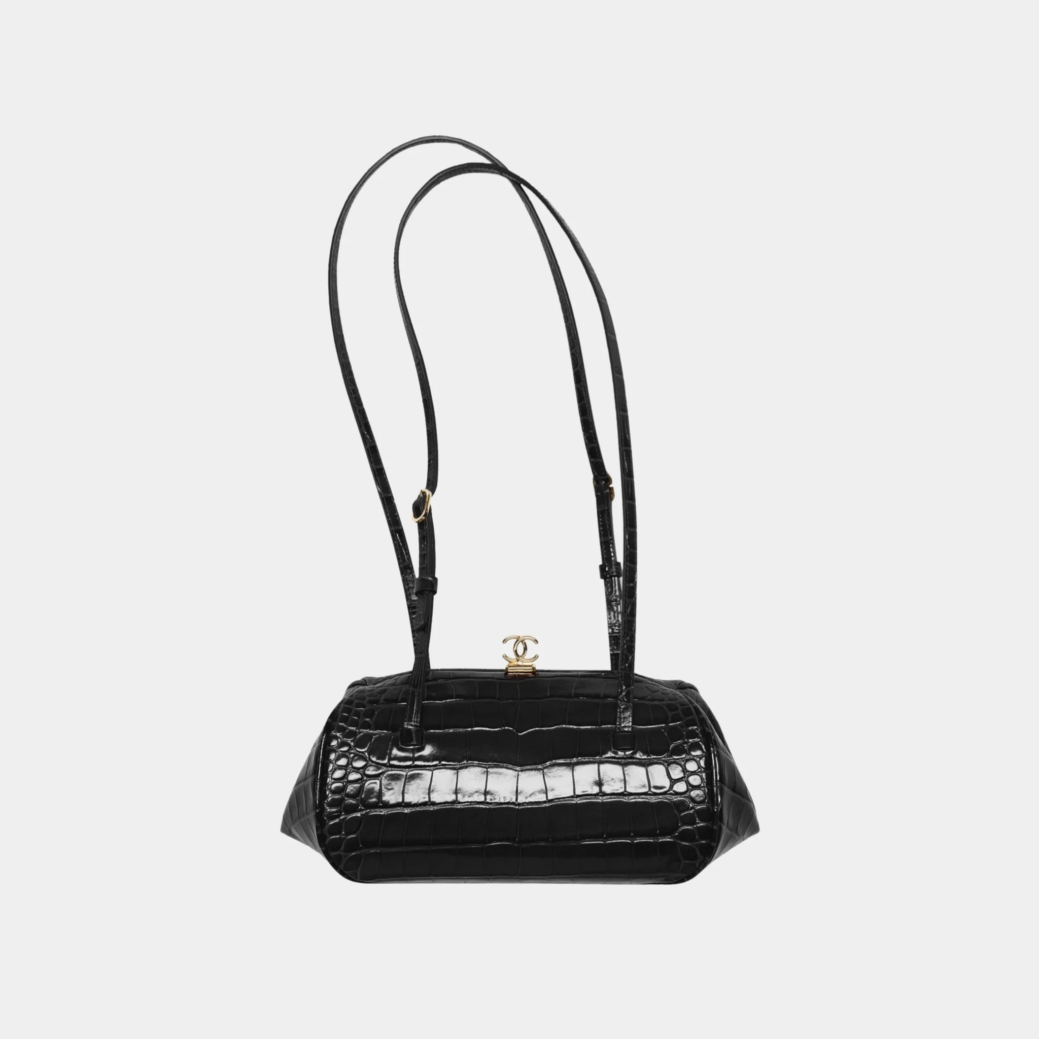 Chanel Clutch with Leather Strap in Black Crocodile Embossed Calfskin, Front