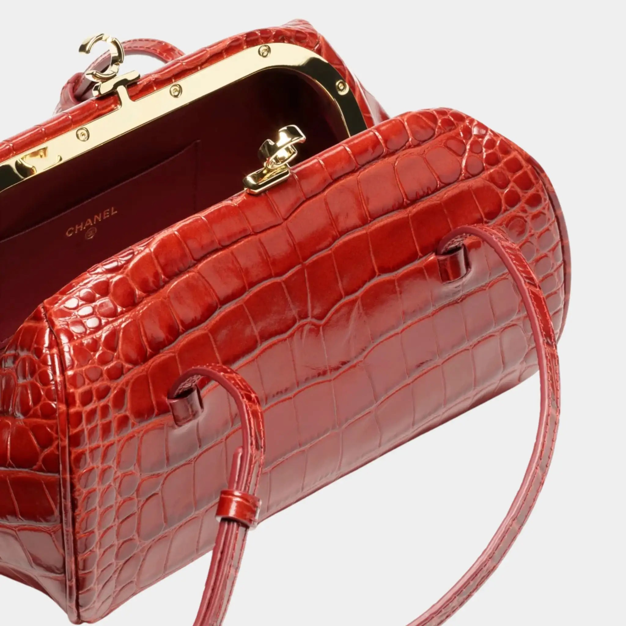 Chanel Clutch with Leather Strap in Crocodile Embossed Calfskin, Burgundy, Top