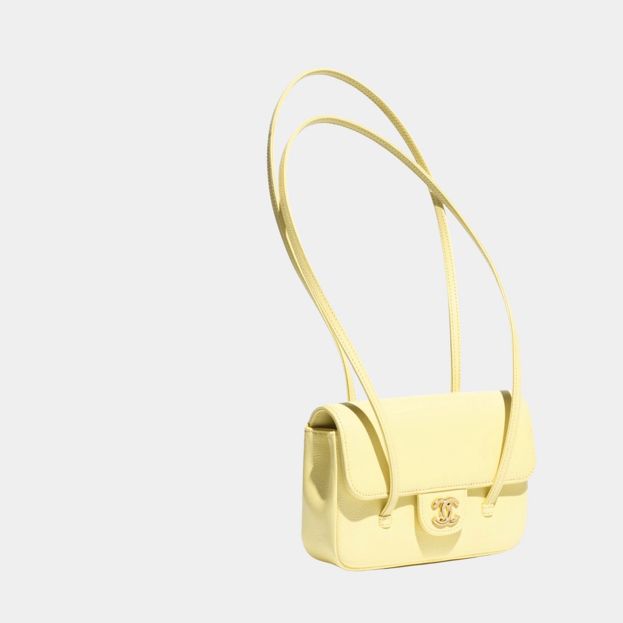 Chanel Clutch With Leather Strap Calfskin & Gold Tone Metal, Yellow , Side