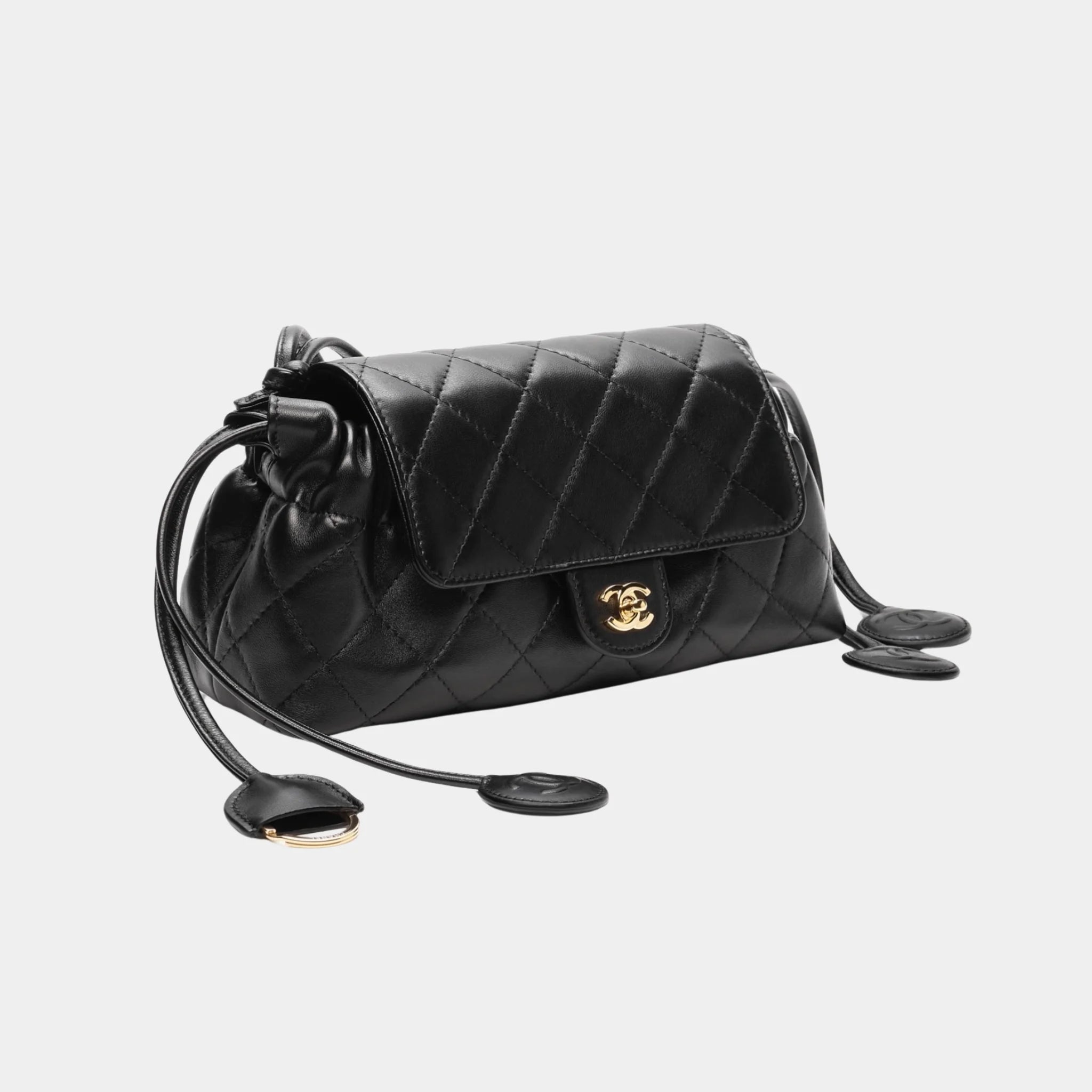 Chanel Clutch with Leather Strap in Black Lambskin, Side