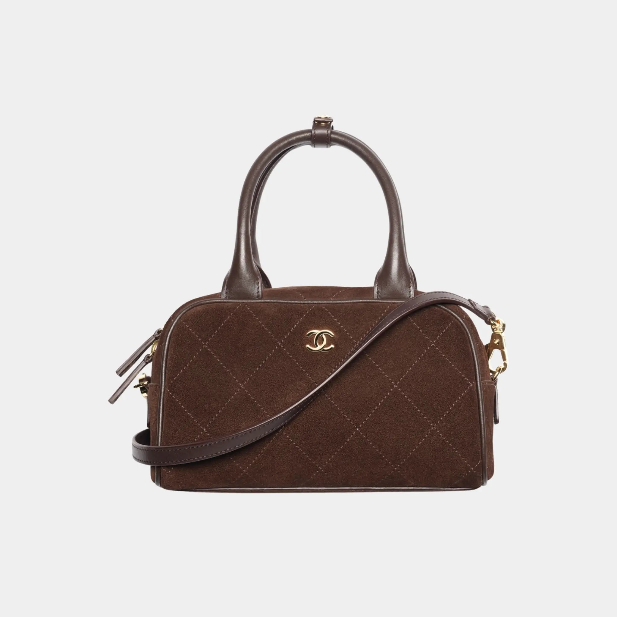 Chanel Clutch with Leather Strap in Dark Brown Suede & Calfskin, Front