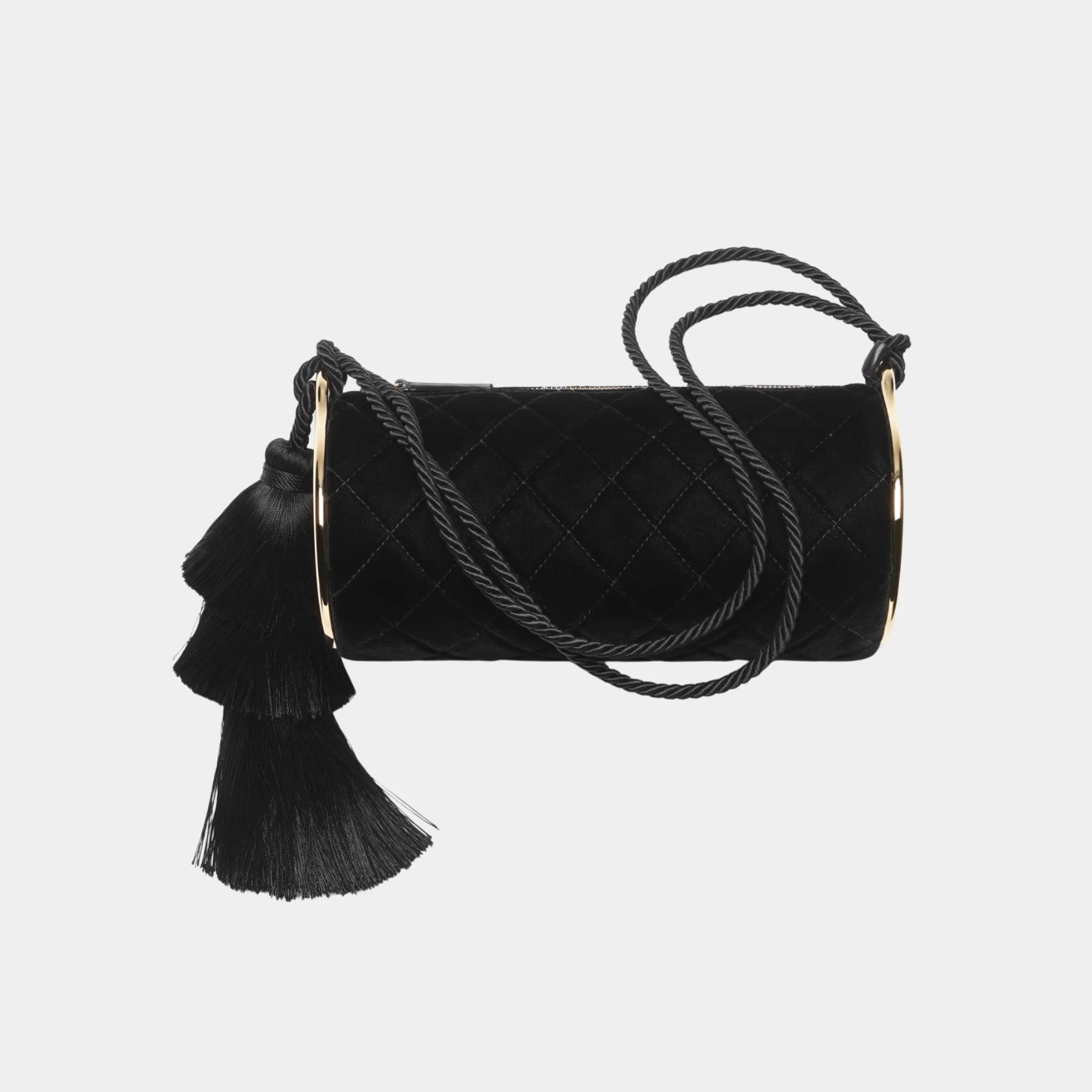 Chanel Clutch with Strap in Black Velvet & Gold Metal, Front