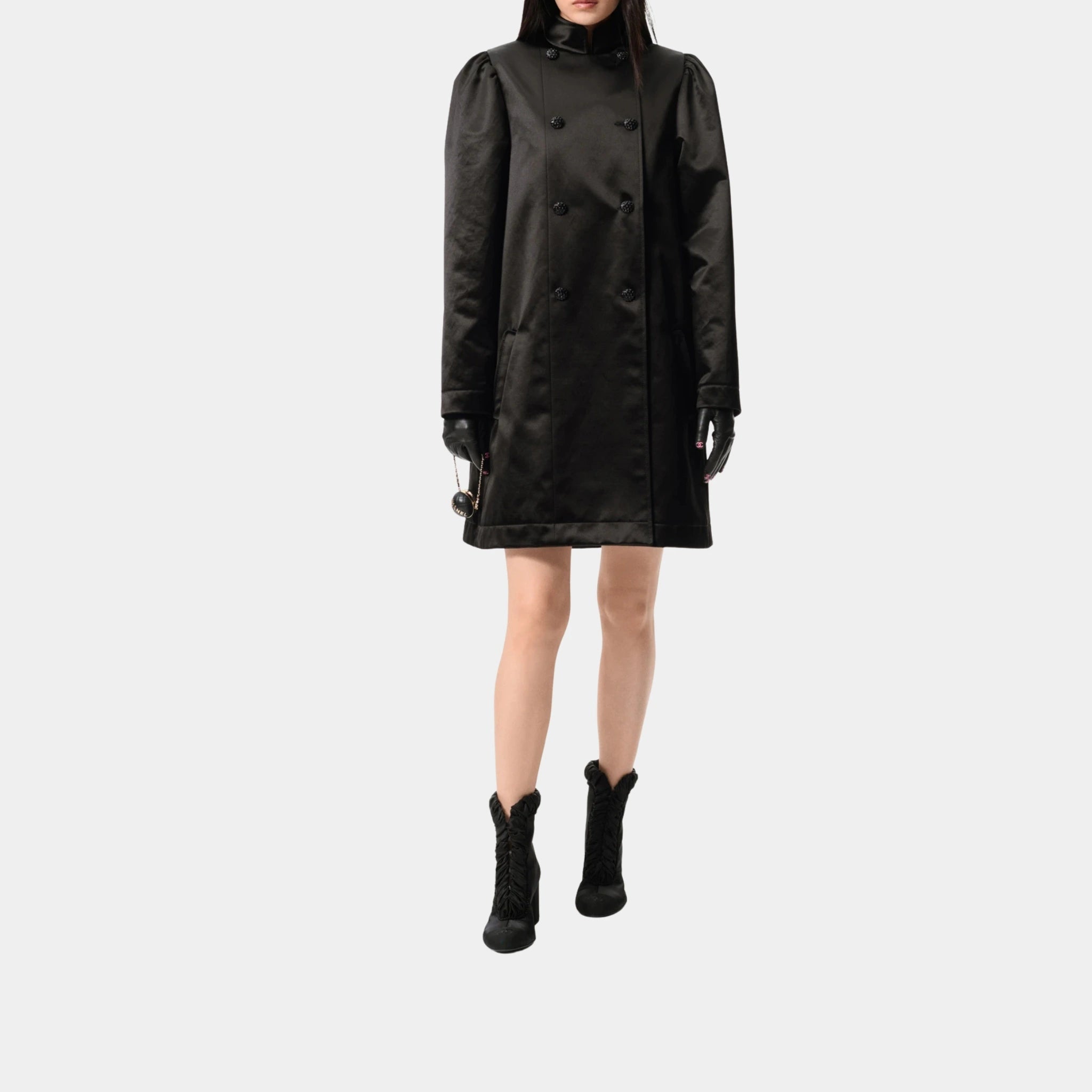 Chanel Coat in Black Cotton & Silk Satin, Black, Front