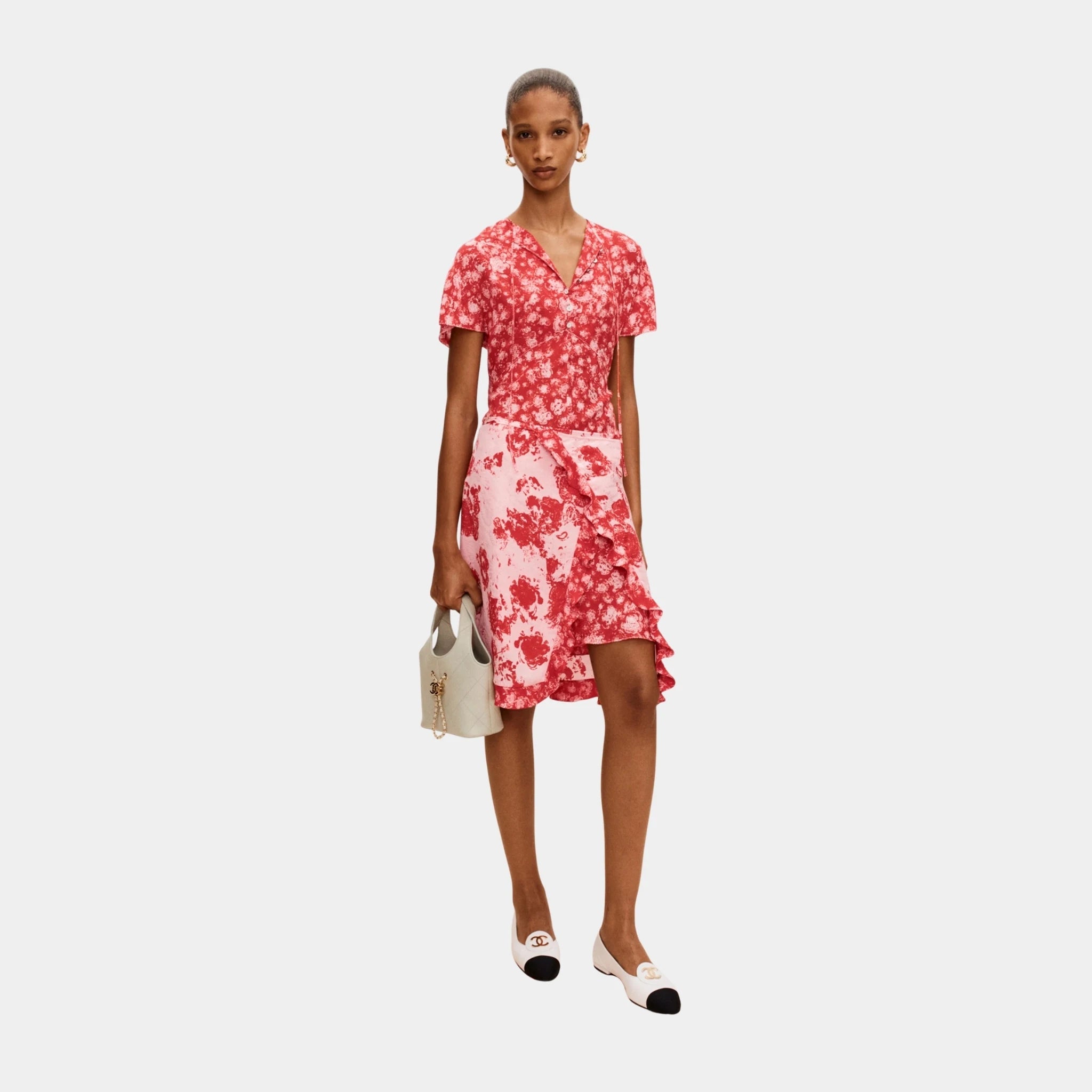 Chanel Dress in Red and Pink Printed Silk Jacquard, Front