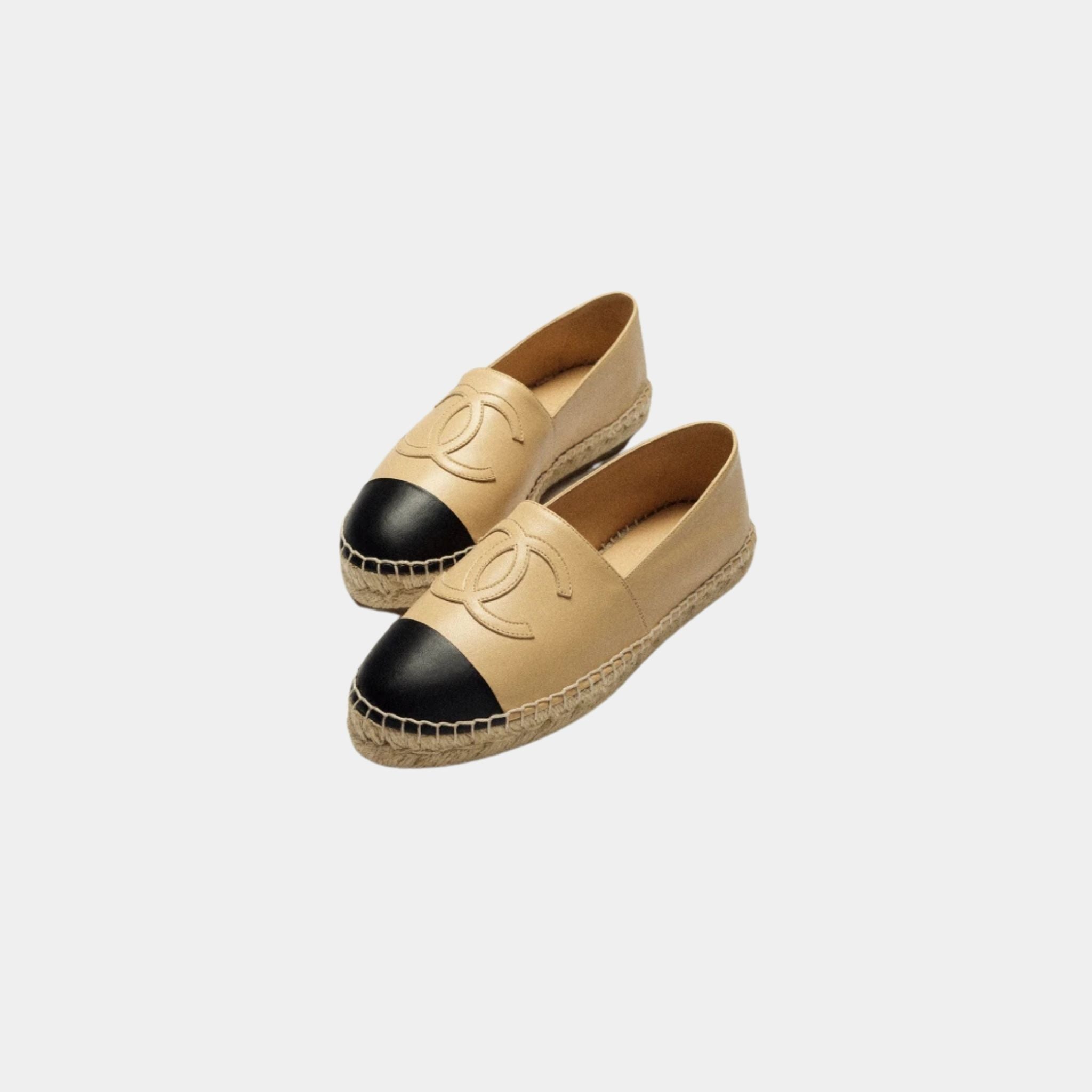 Chanel Espadrilles In Lambskin, Beige, Black, Front