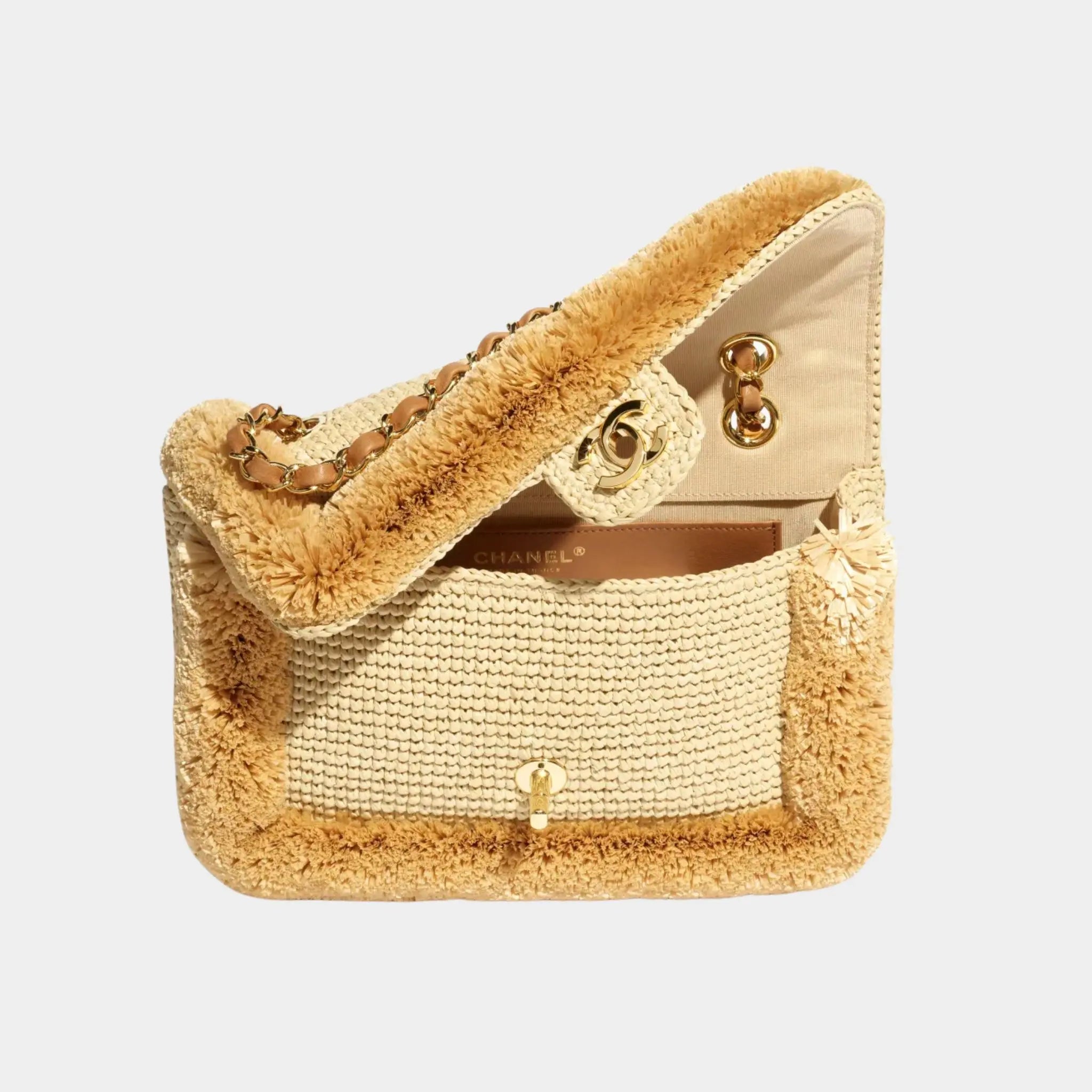 Flap Bag Braided Raffia & Gold-Tone Metal Beige