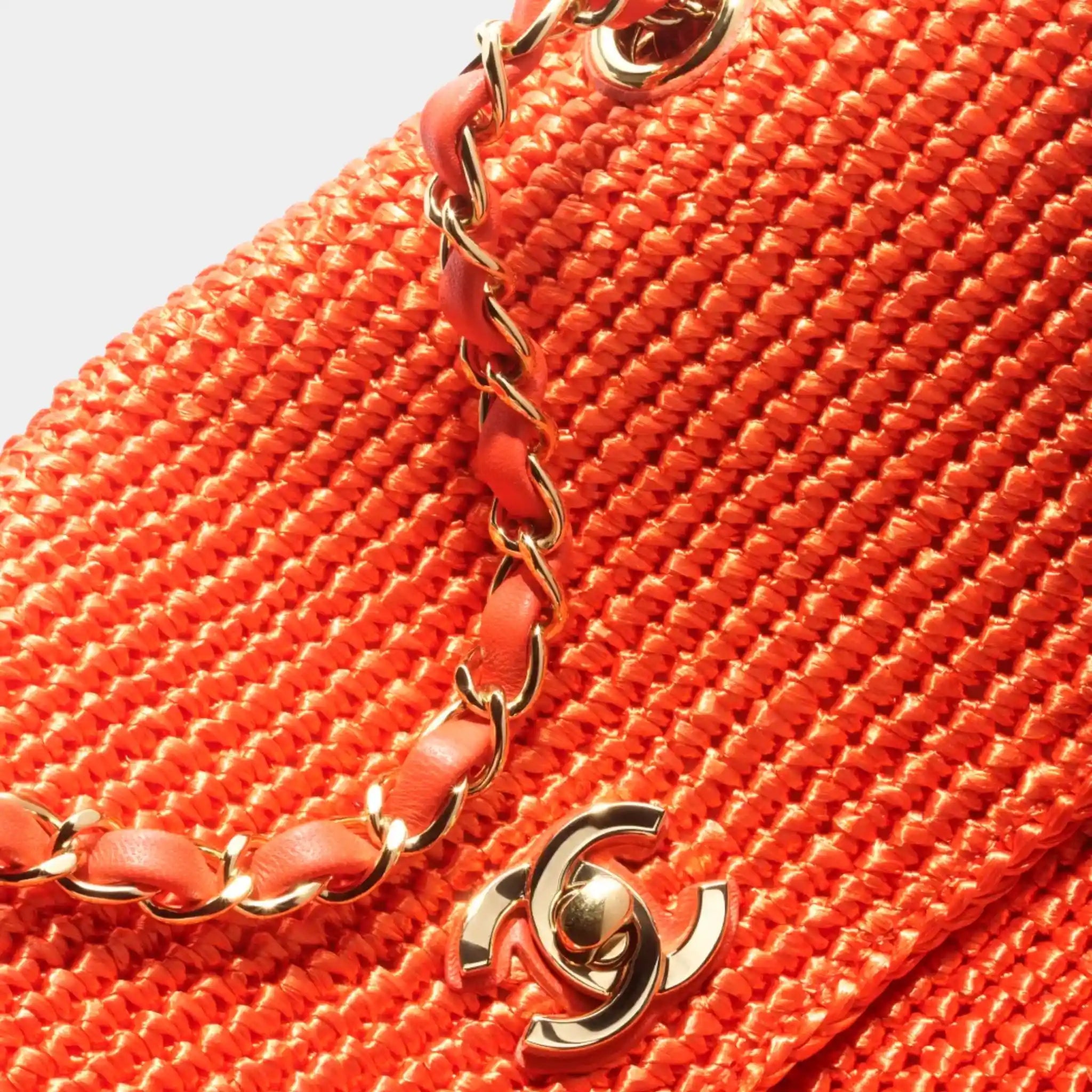 Chanel Flap Bag Braided Raffia & Gold-Tone Metal Orange, closeup