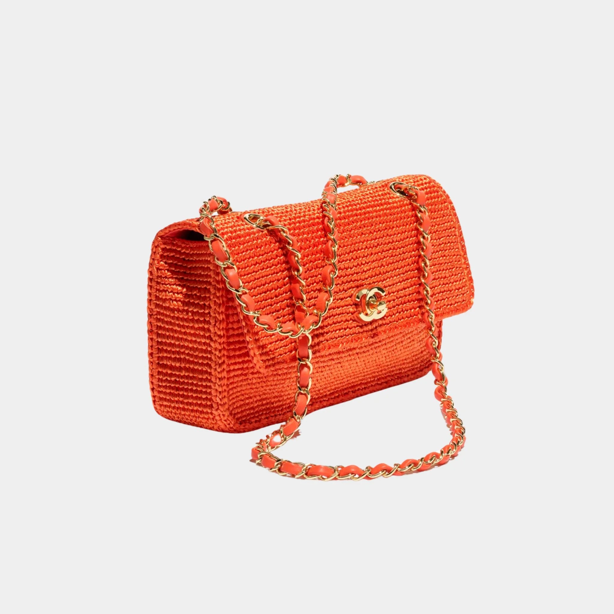 Chanel Flap Bag Braided Raffia & Gold-Tone Metal Orange, Side front