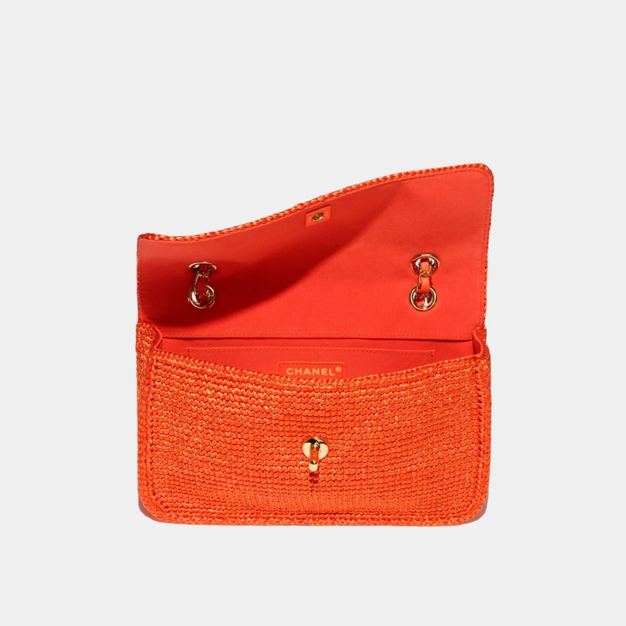 Chanel Flap Bag Braided Raffia & Gold-Tone Metal Orange, top