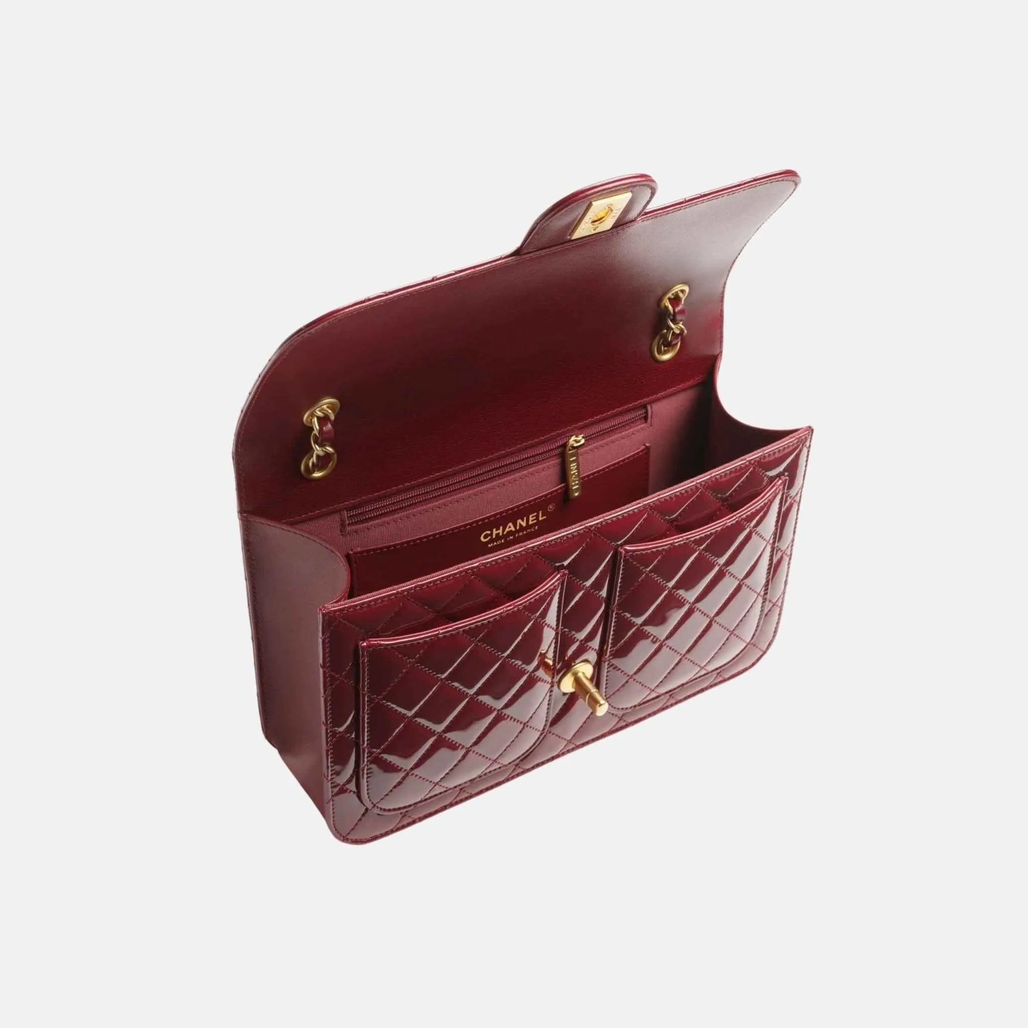 Chanel Flap Bag in Bordeaux Patent Calfskin and Gold Metal, Inside
