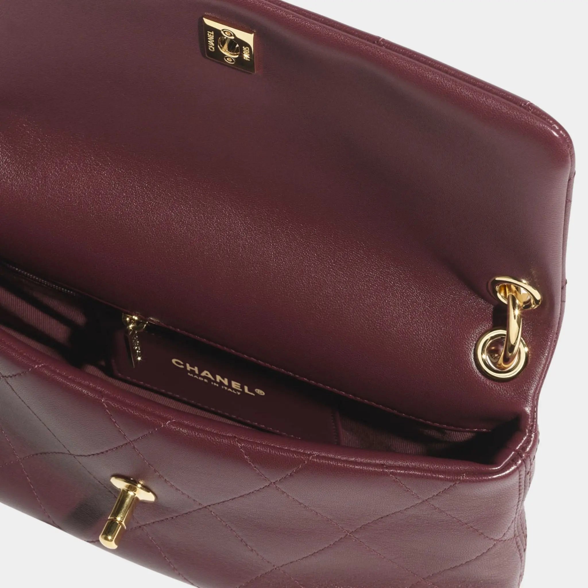 Chanel Flap Bag Lambskin Dark Burgundy, Clsoeup, Top