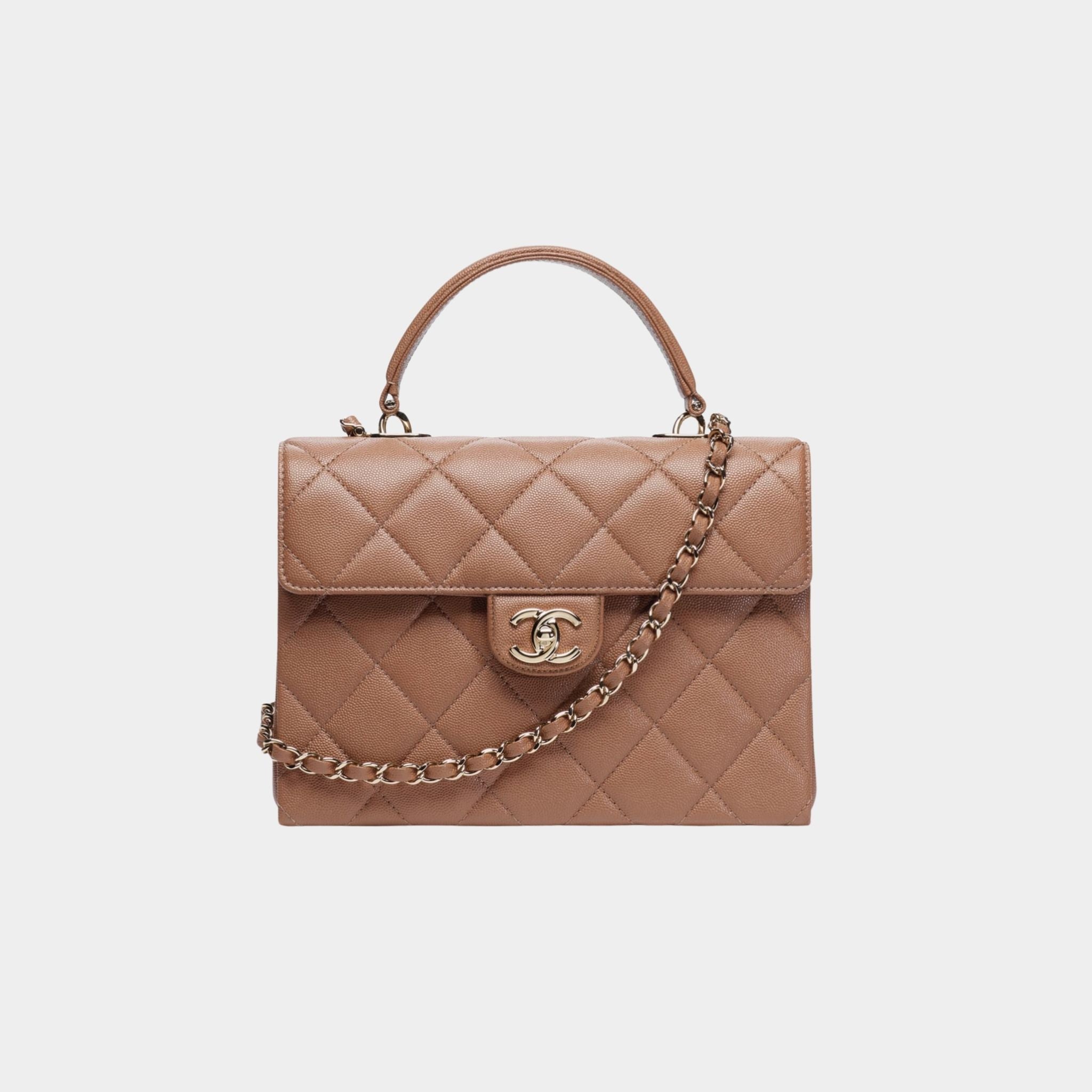 Chanel Flap Bag With Top Handle Grained Shiny Calfskin & Gold Metal Brown, Front