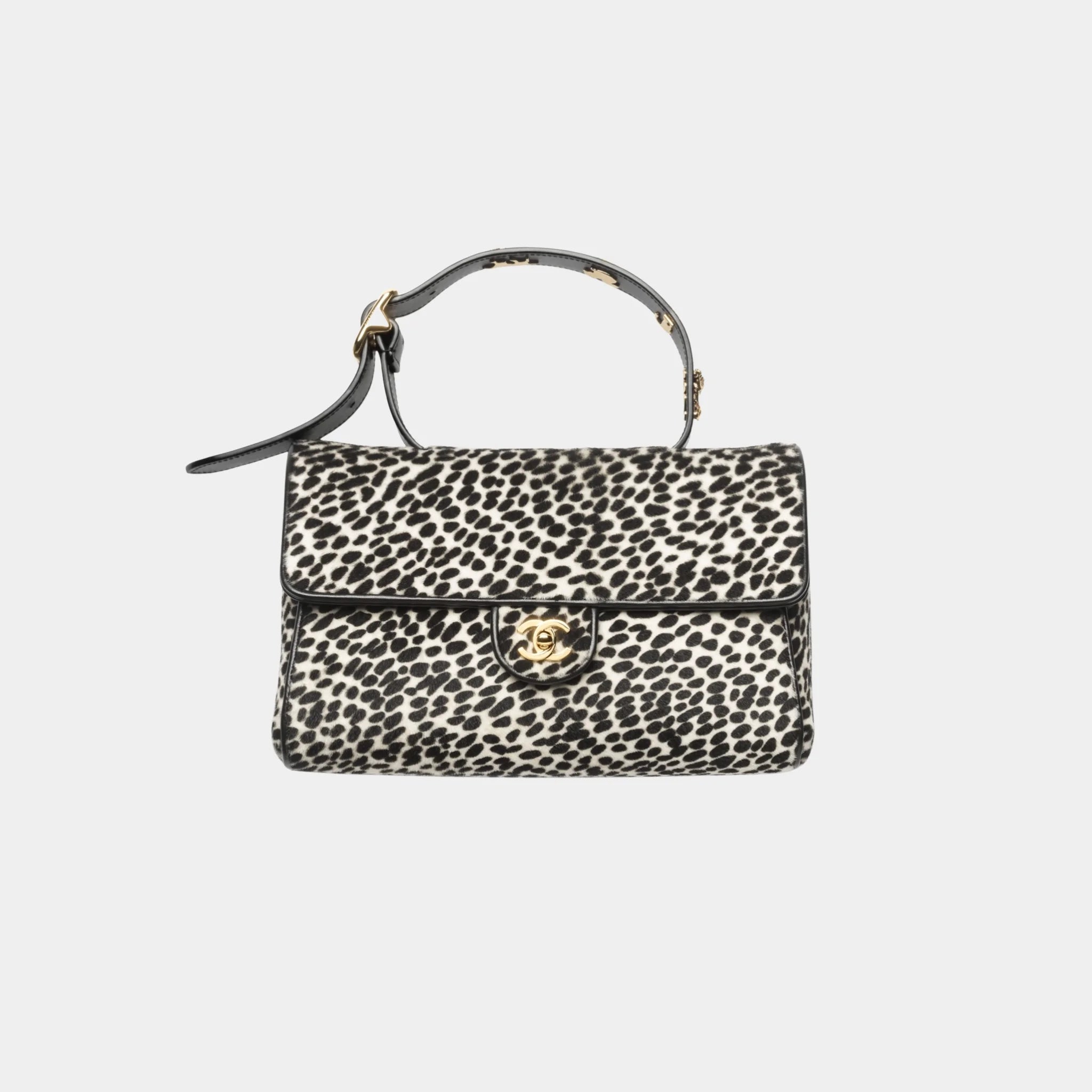 Chanel Flap Bag With Top Handle in White & Black Lambskin, Front