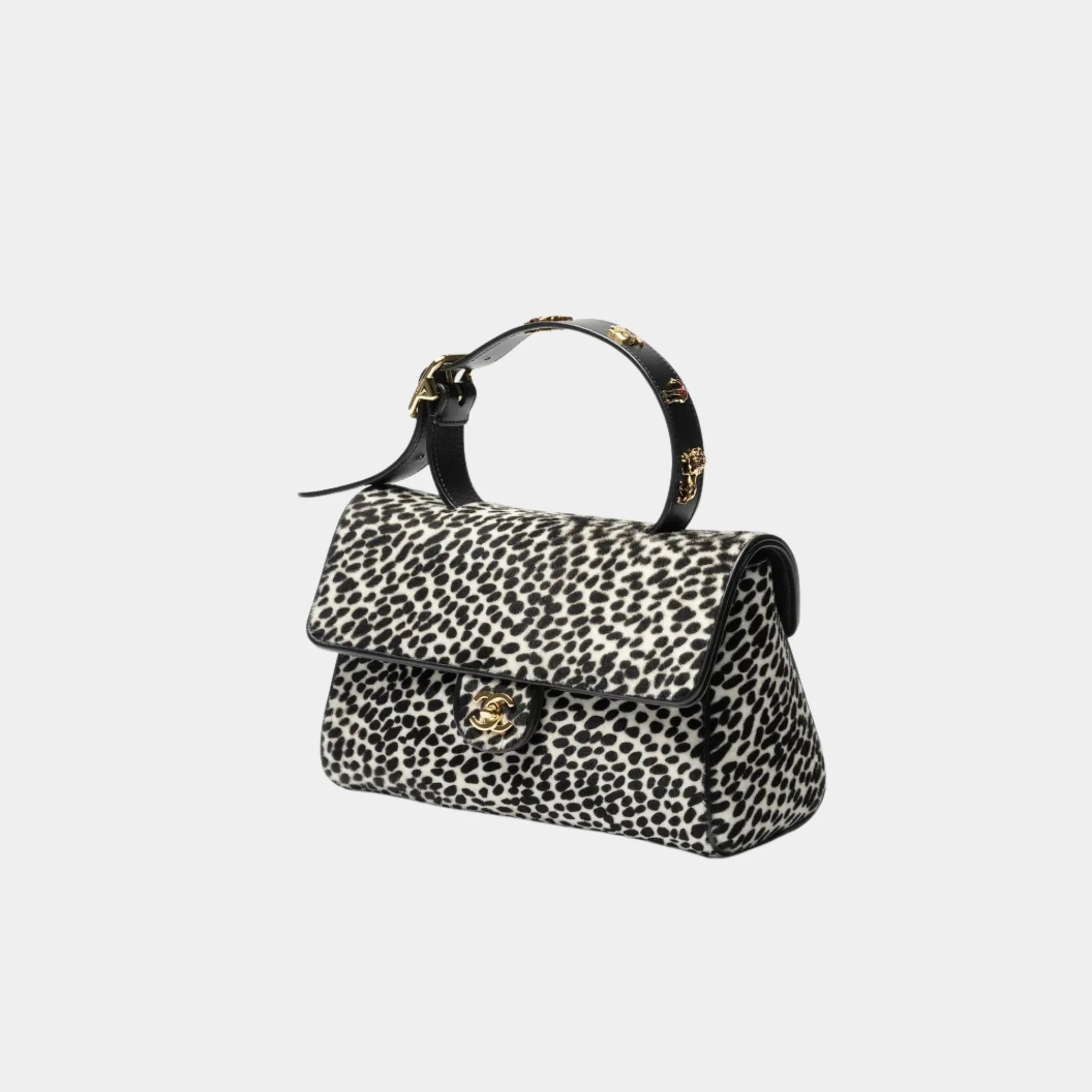 Chanel Flap Bag With Top Handle in White & Black Lambskin, Side