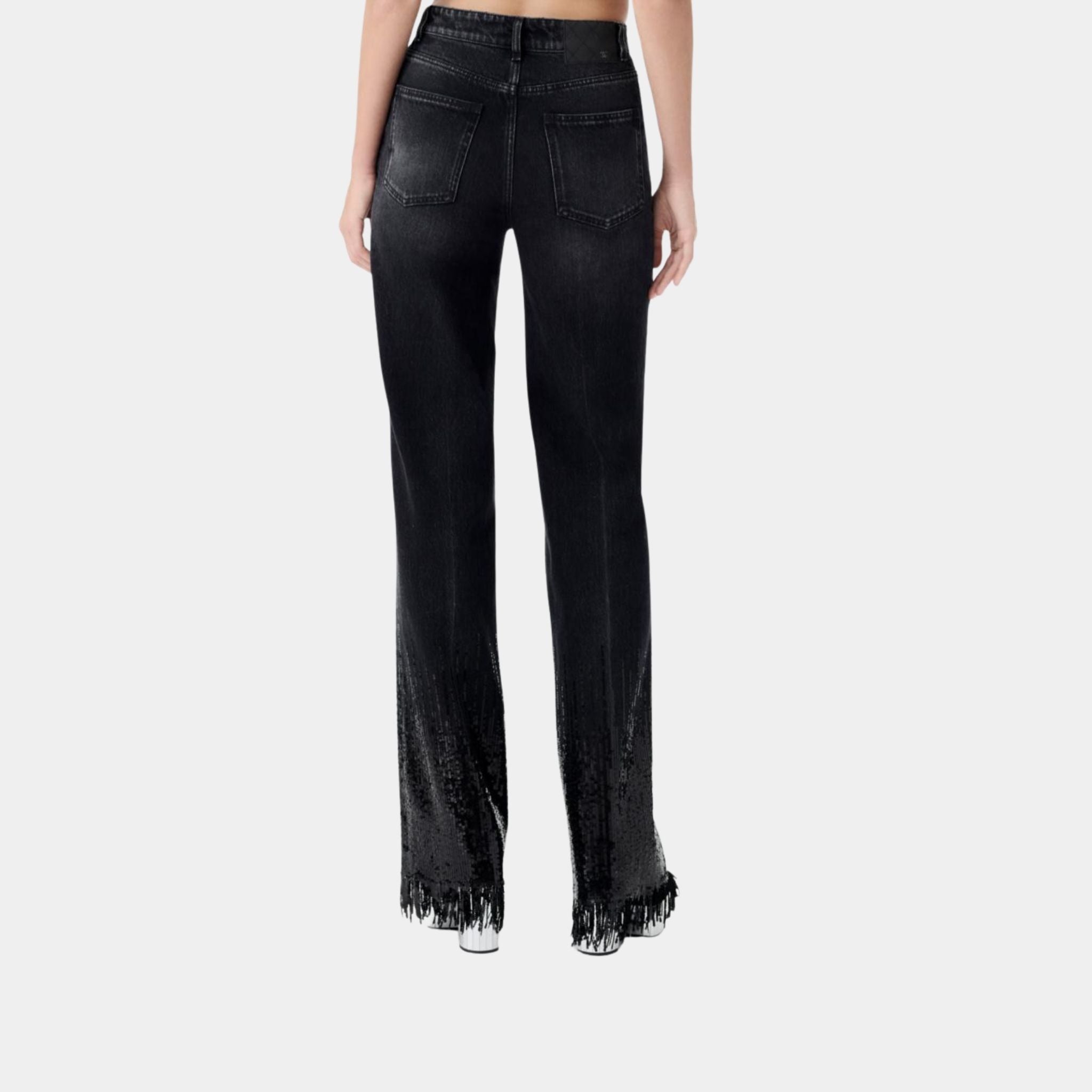 Chanel Flared Washed Black Denim Jeans Embroidered with Sequins, Back