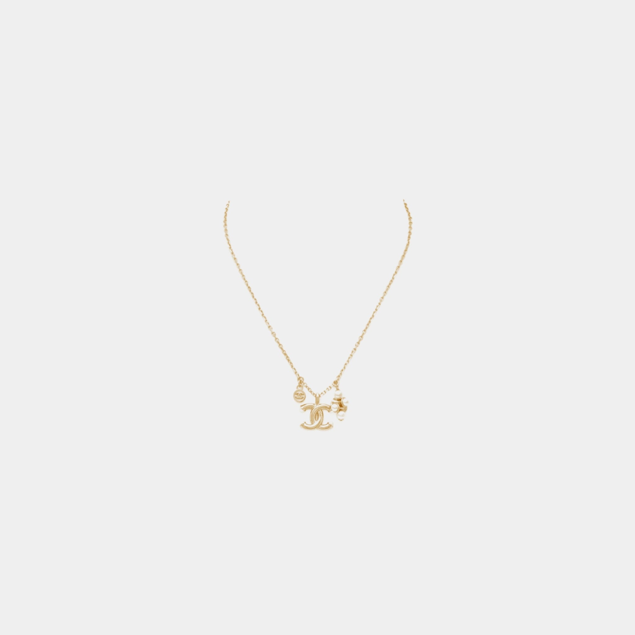 Chanel Gold Metal CC Pendant Necklace with Glass Pearls, Front