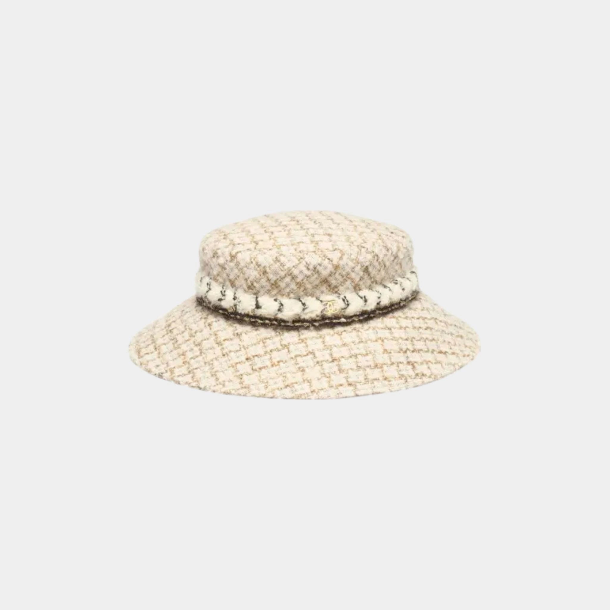 Chanel Hat Tweed, Wool Mohair-tweed Ecru Beige Gold ,front
