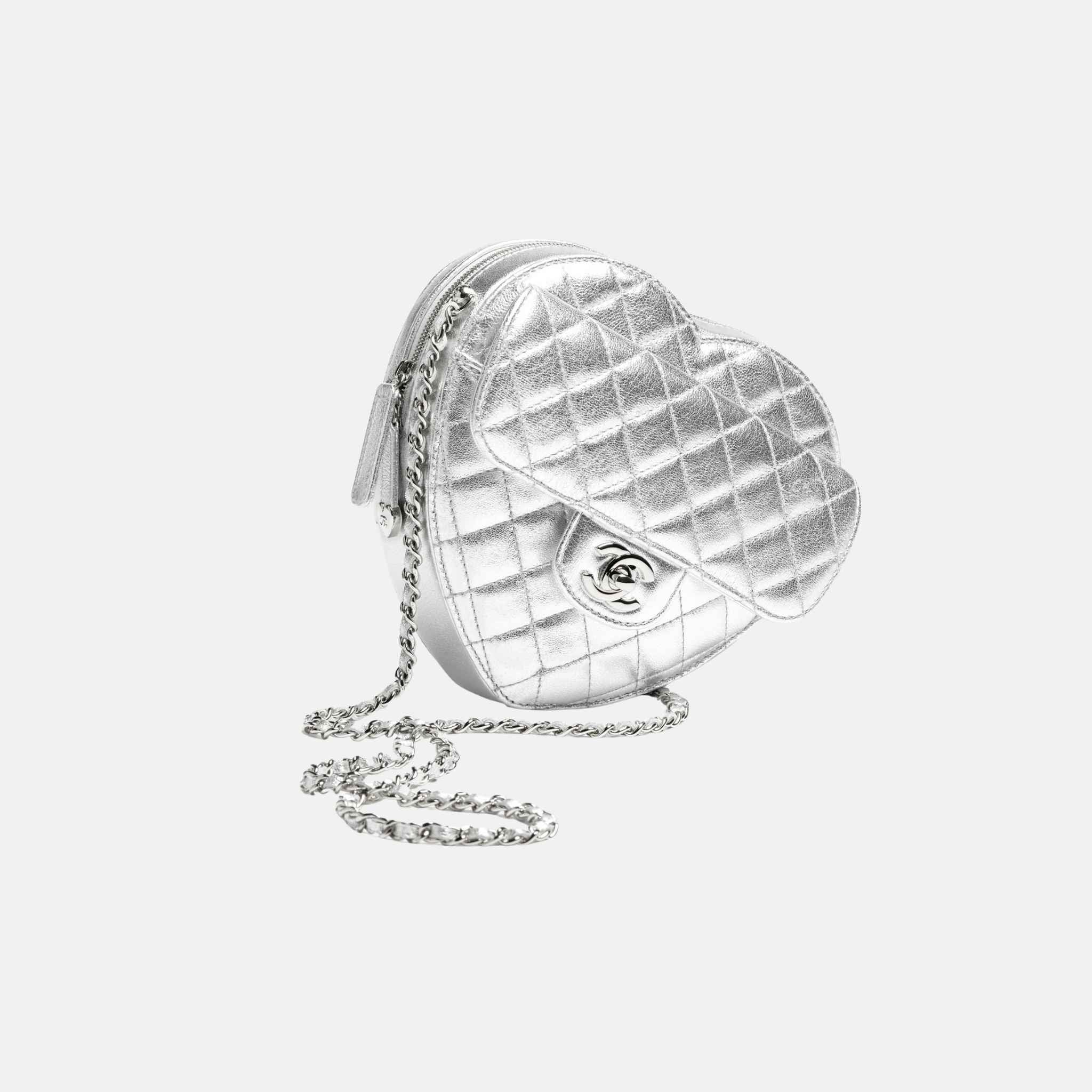 Chanel Heart Bag in Metallic Lambskin and Silver Metal, Front
