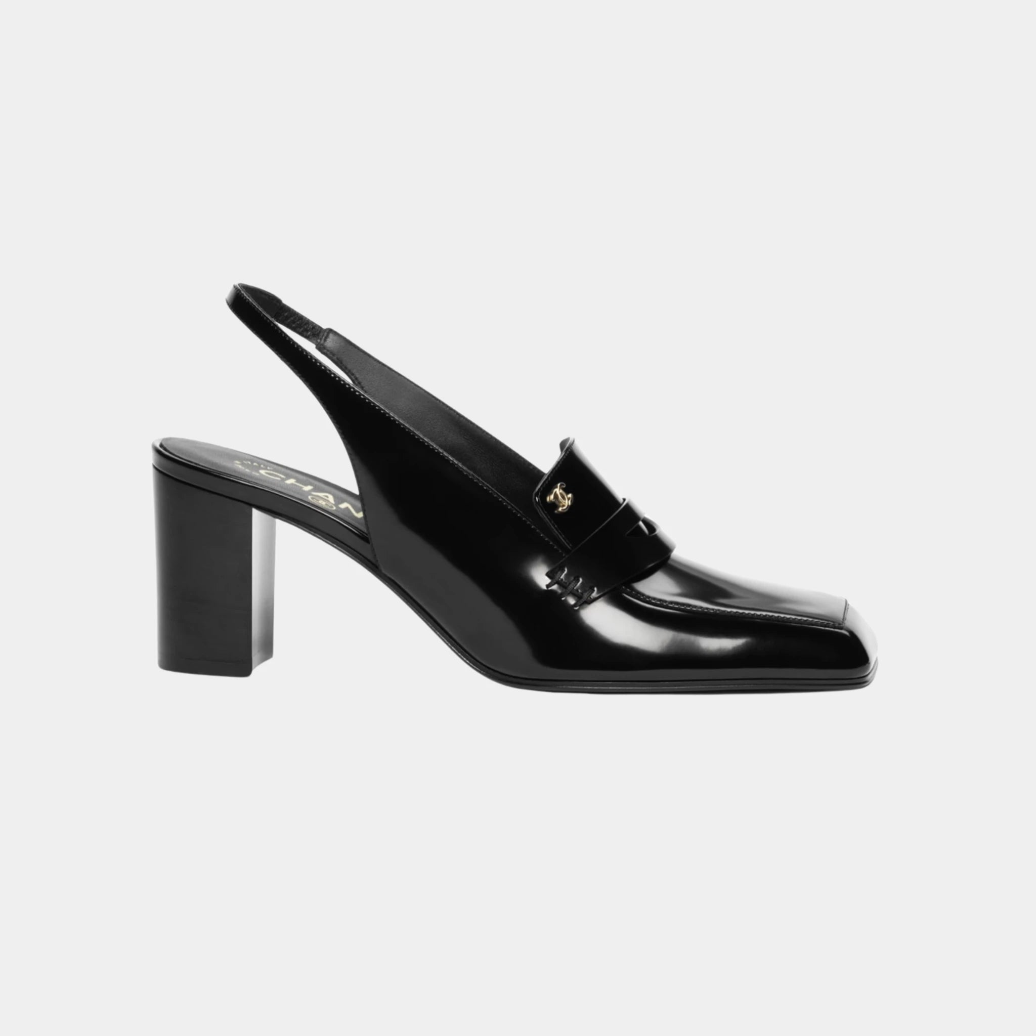 Chanel Heeled Slingbacks in Shiny Calfskin, Black, Side