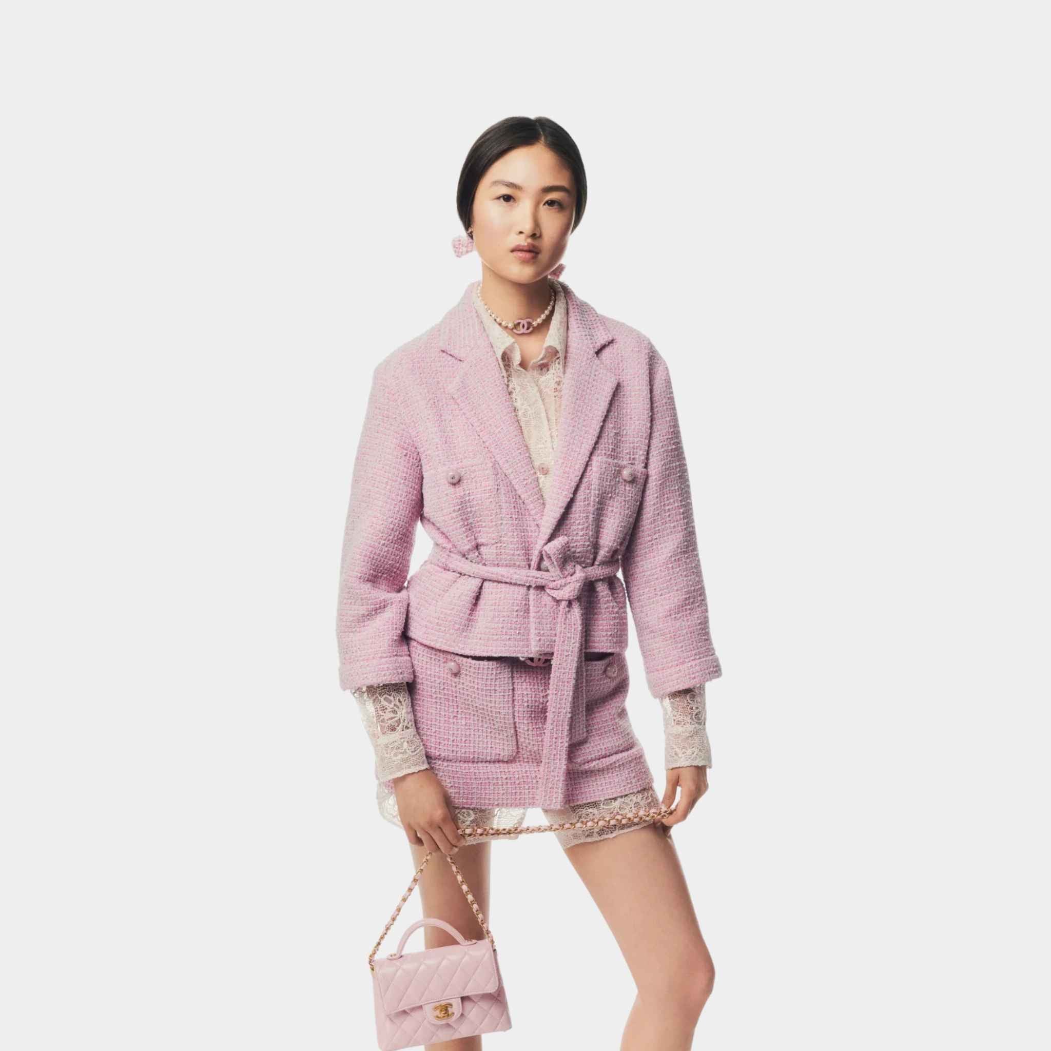 Chanel Jacket Cotton Tweed Light Pink & Grey, Half