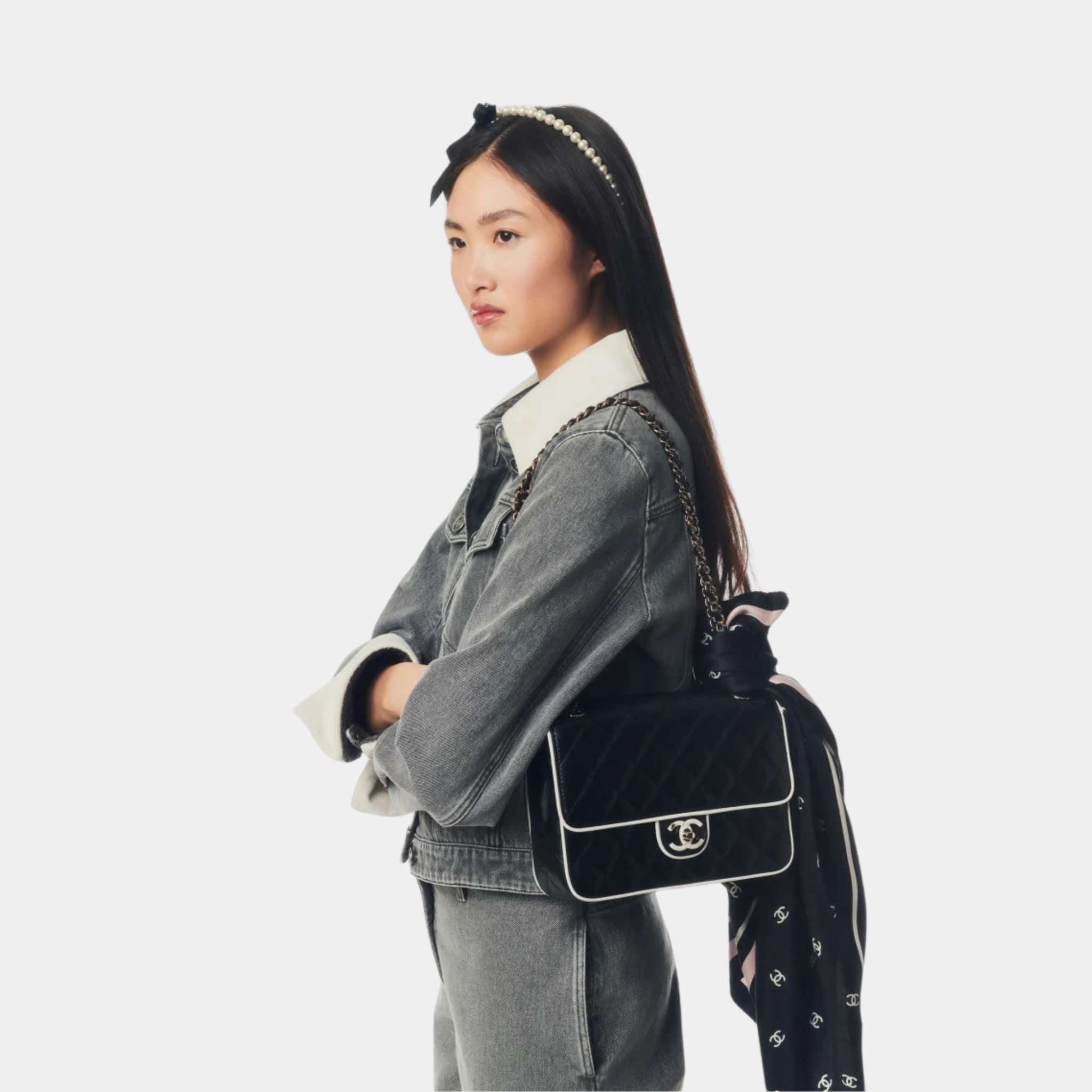 Chanel Jacket Washed Out Denim Grey & White, Model, Half