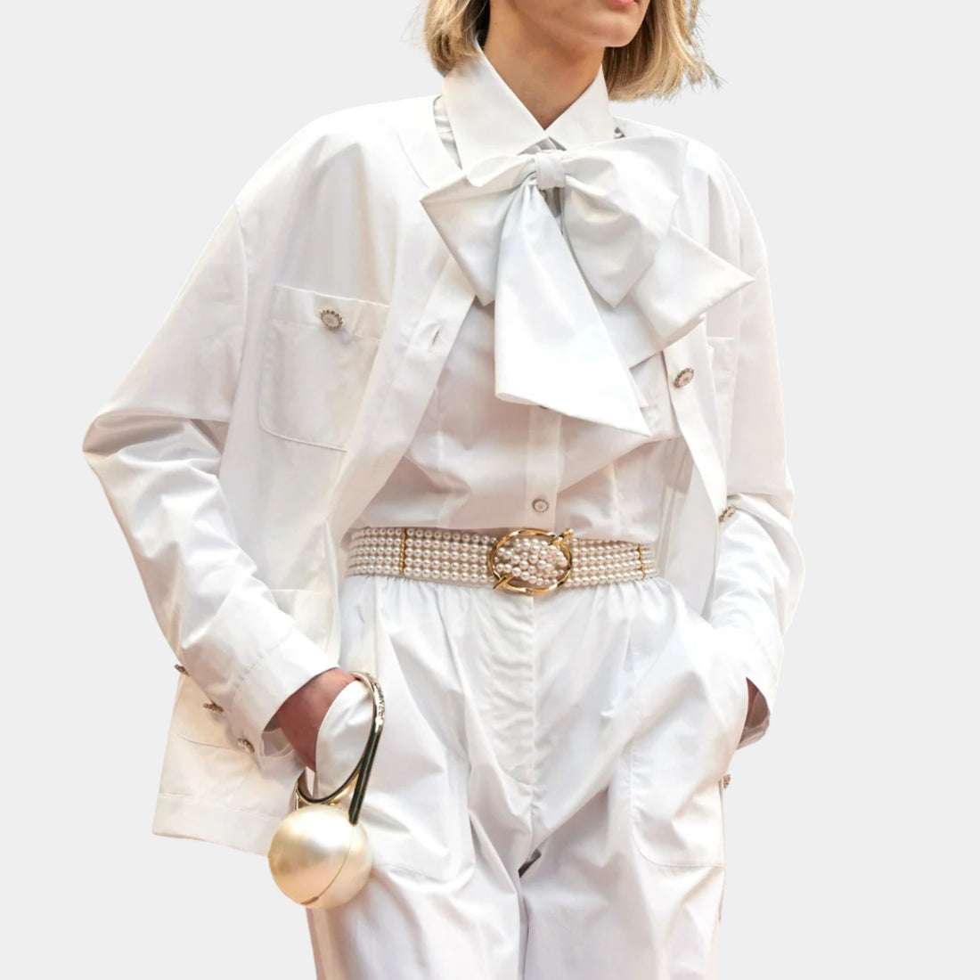 Chanel Jacket in White Cotton Poplin, White, Front