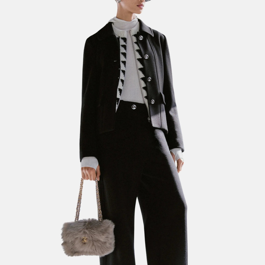 Chanel Jacket Wool in Black styled with trousers and knitwear