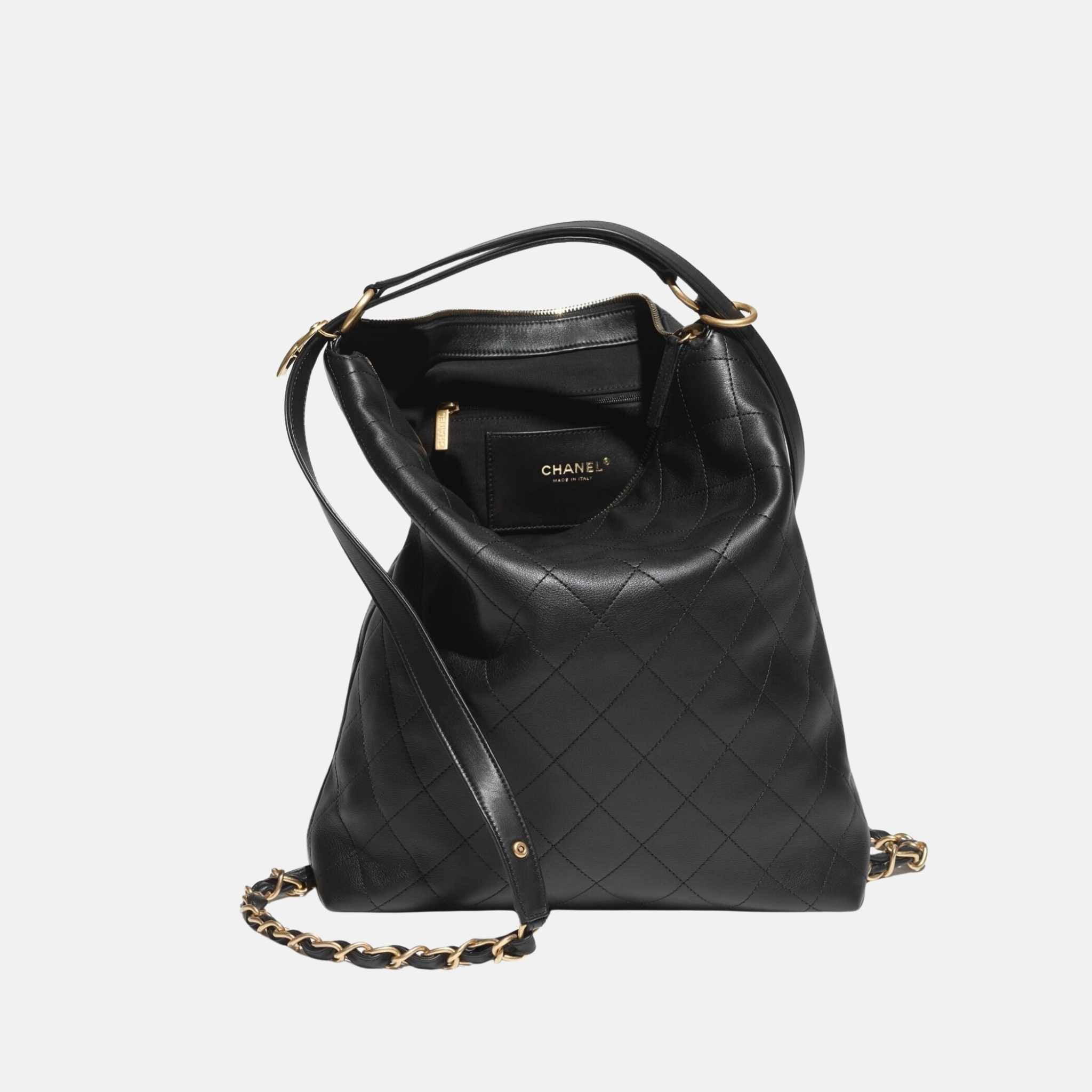 Chanel Large Black Backpack In Calfskin And Gold Tone Metal, Front