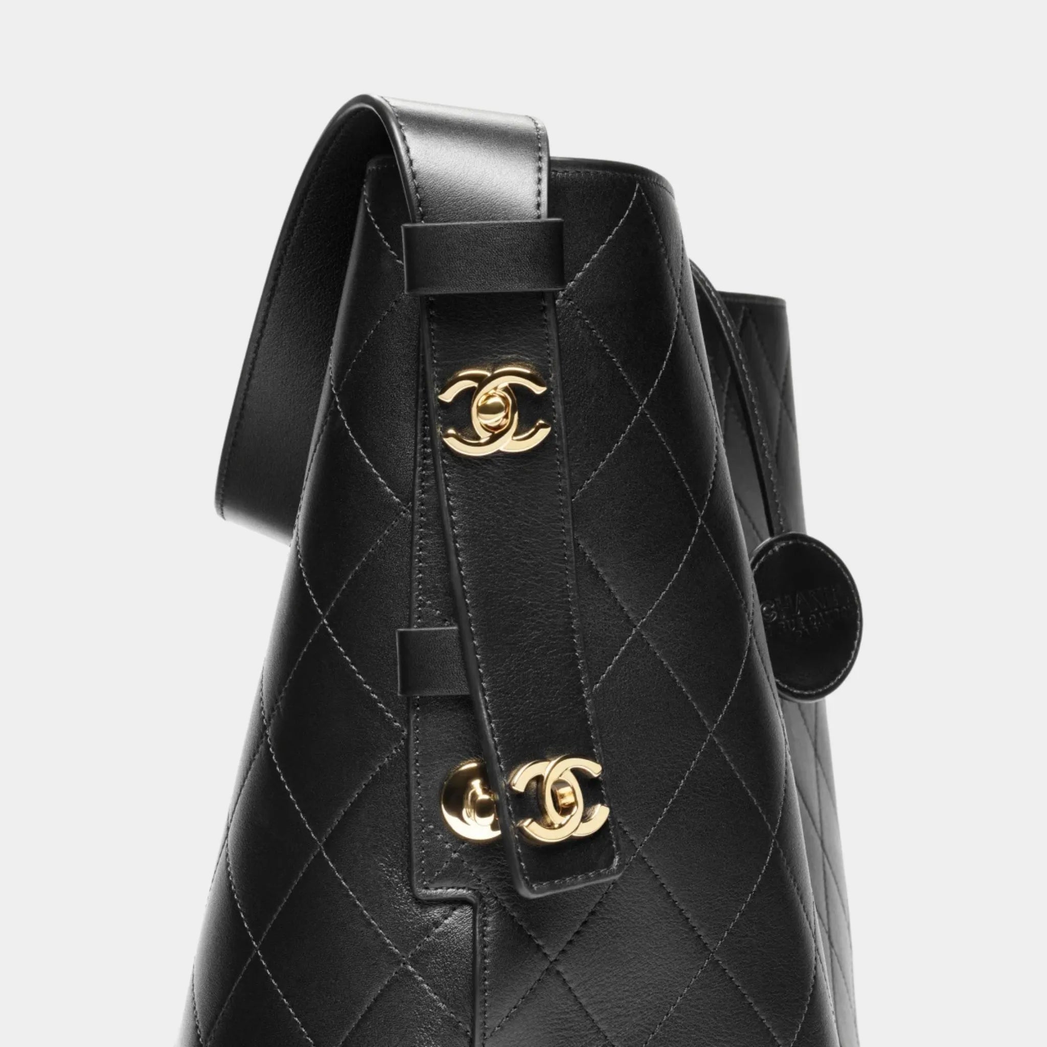 Chanel Large Bucket Bag Calfskin & Gold-Plated Metal Black, Side