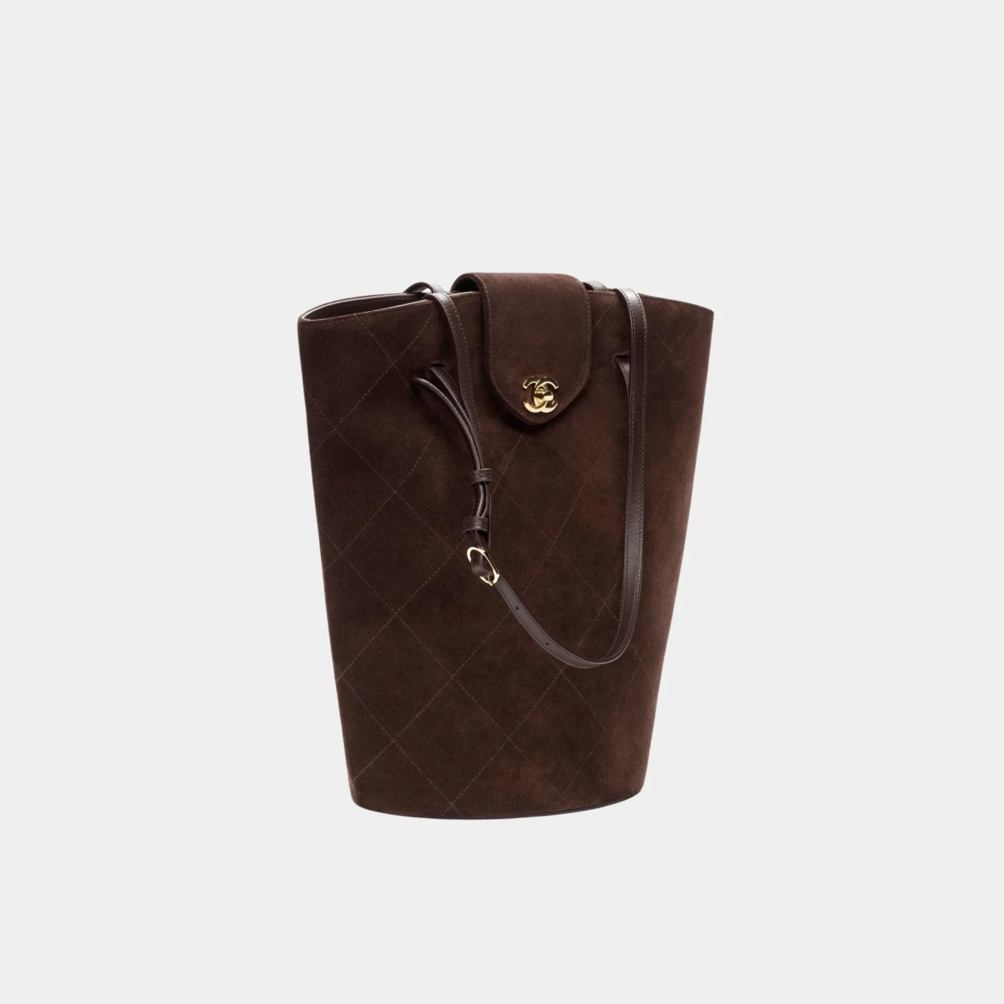 Chanel Large Bucket Bag in Dark Brown Suede Calfskin & Gold Metal, Side
