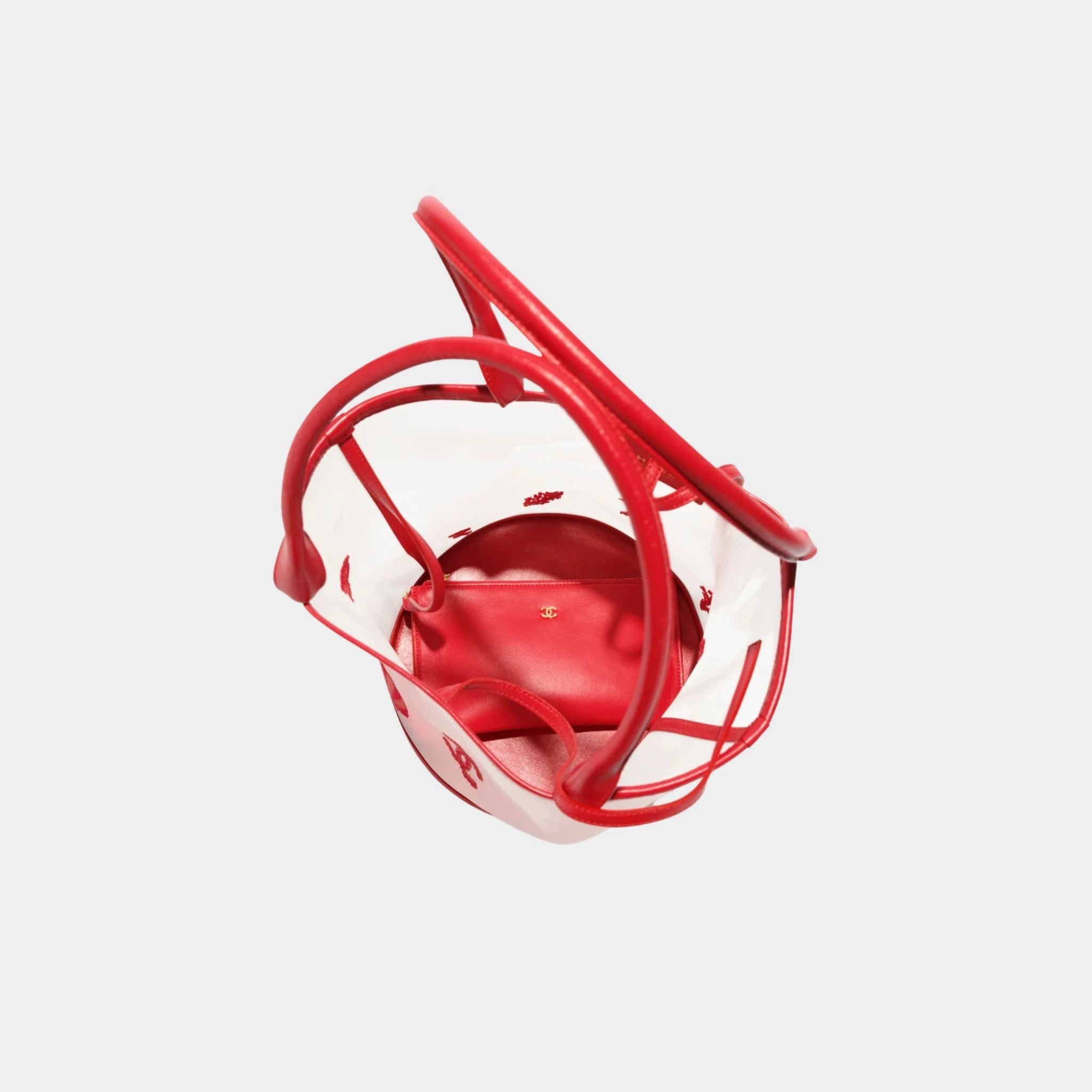 Chanel Large Bucket Bag Embroidered Mesh & Calfskin Transparent & red, Top